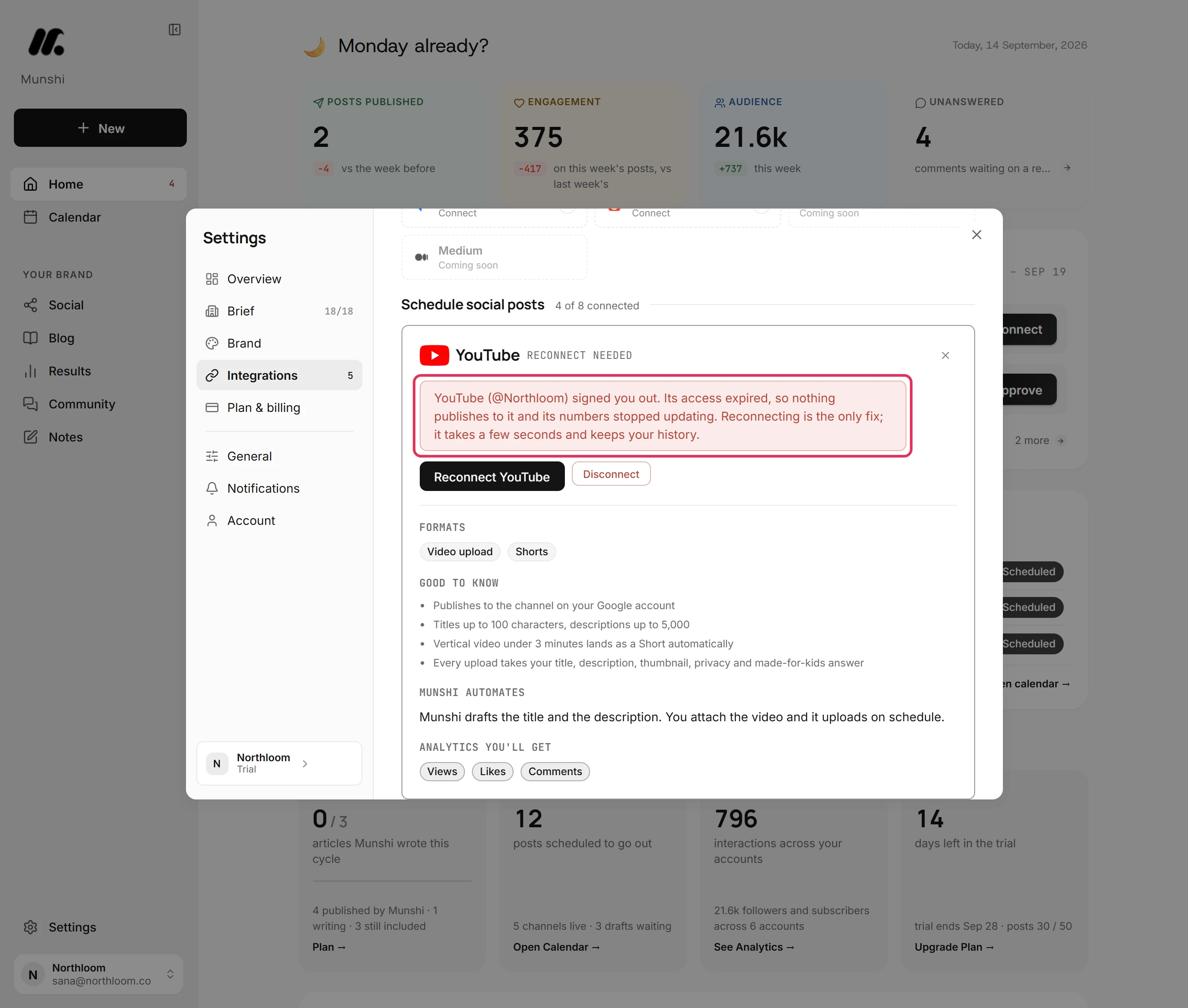The YouTube card marked Reconnect needed, with the message that the account signed you out outlined.