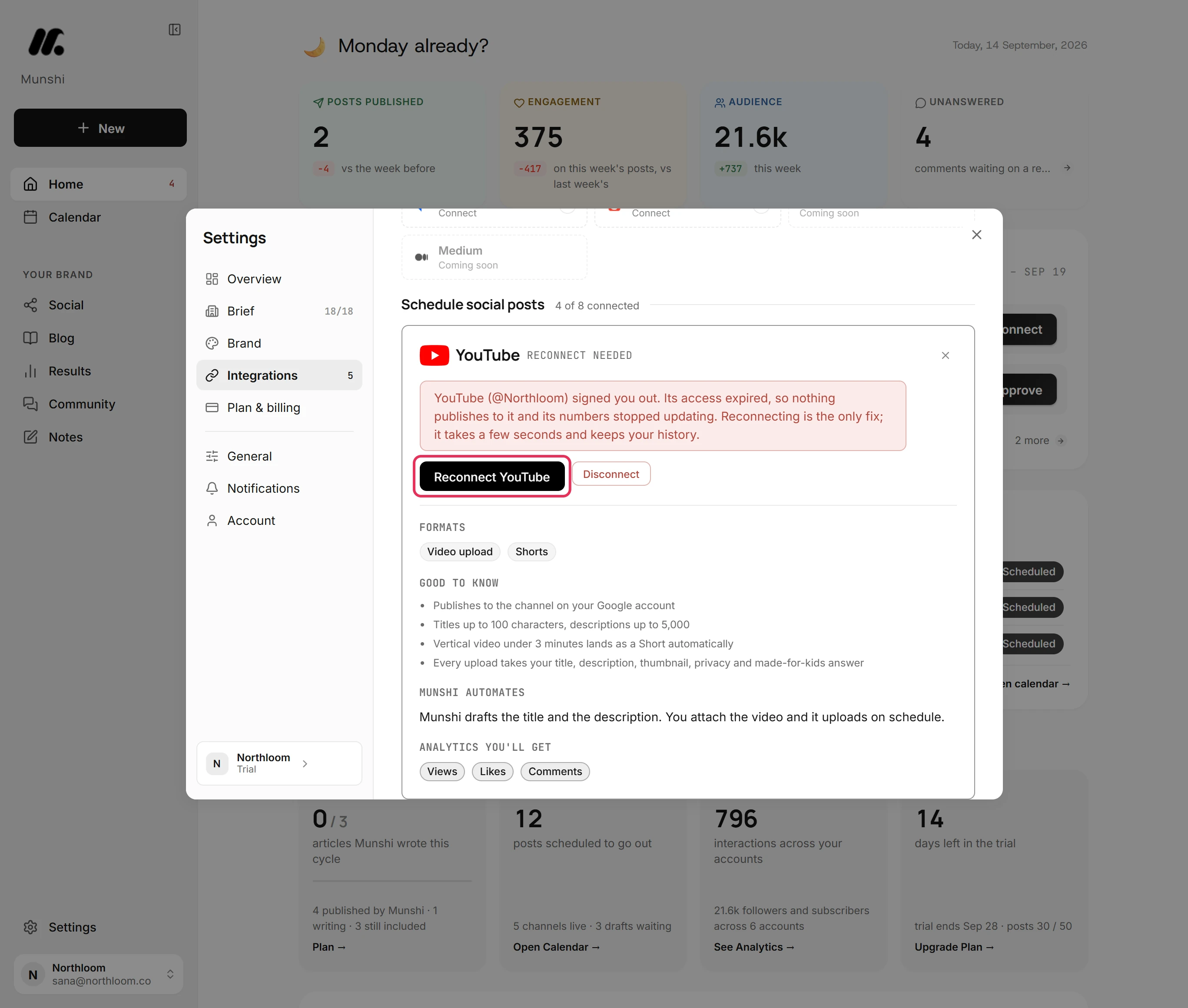 The Reconnect YouTube button on the card, outlined.