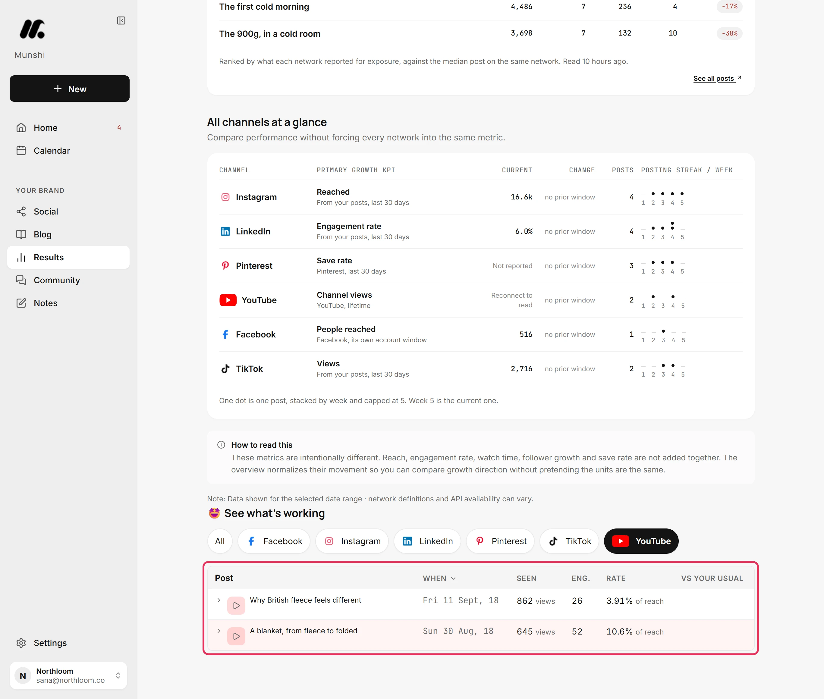 The post list under See what’s working filtered to YouTube over 30 days, with its two past posts, outlined.