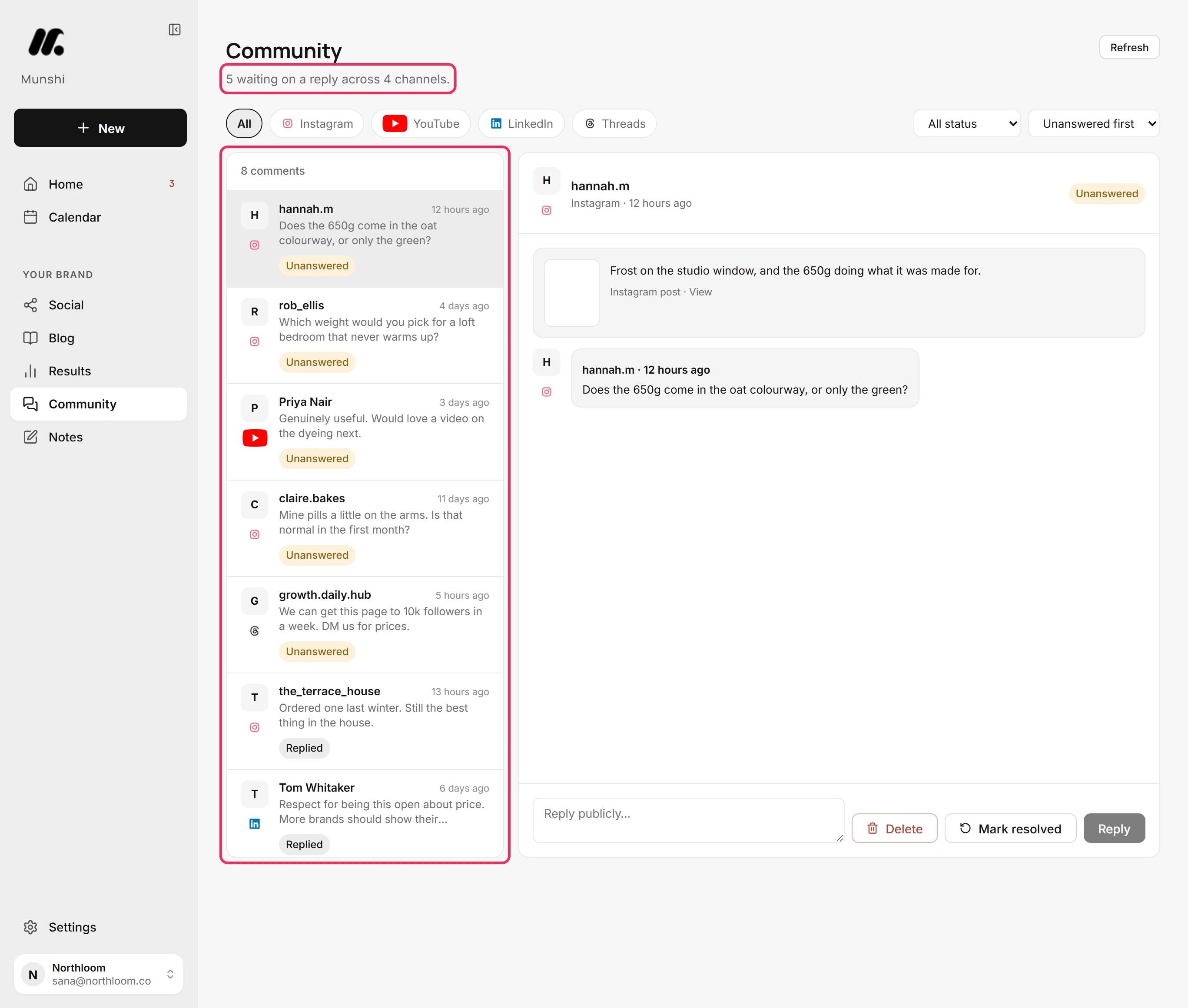 The Community page with its list of comments and the line counting those waiting on a reply, both outlined.
