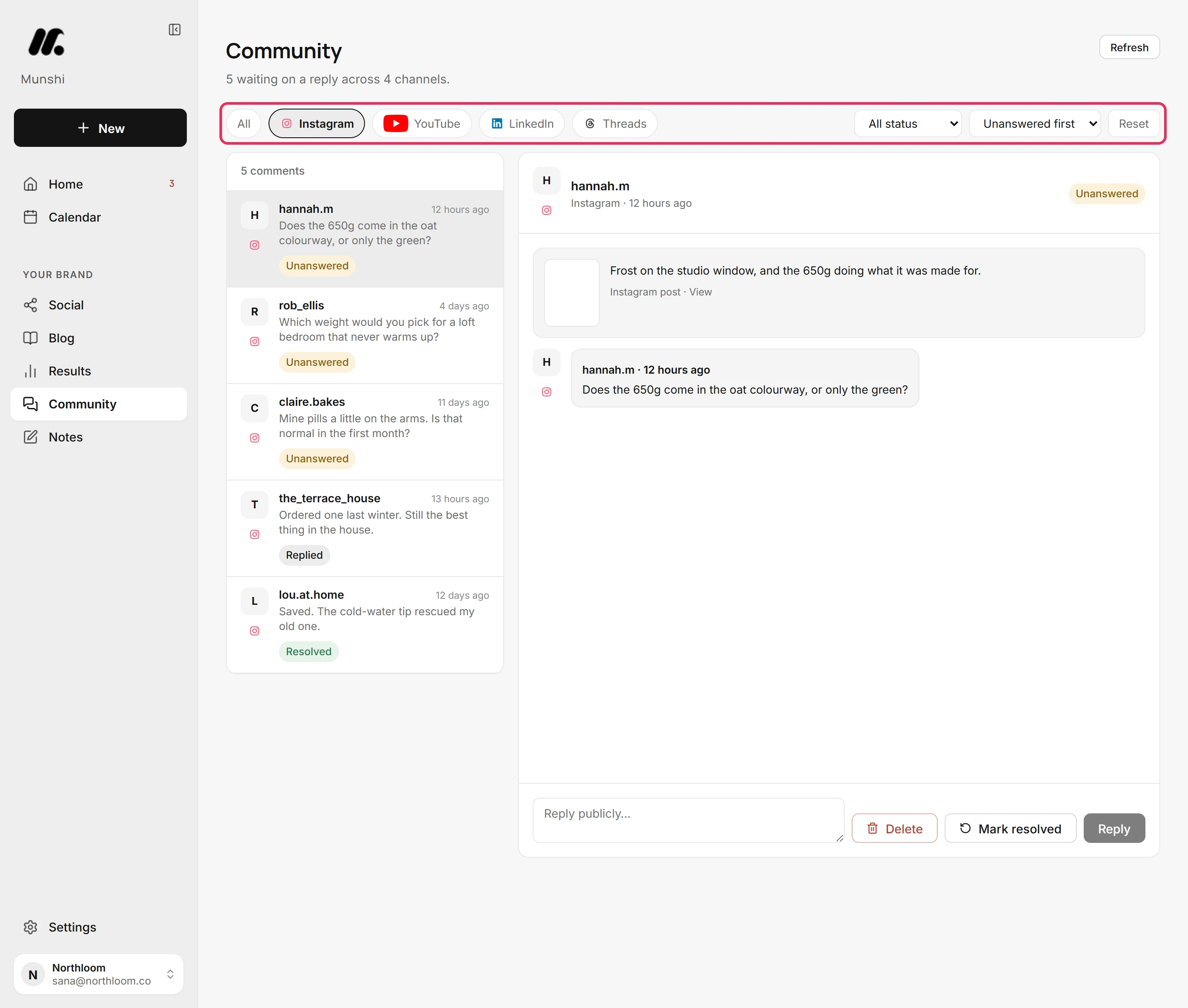The filter bar with the Instagram channel picked, the status and sort menus, and Reset.