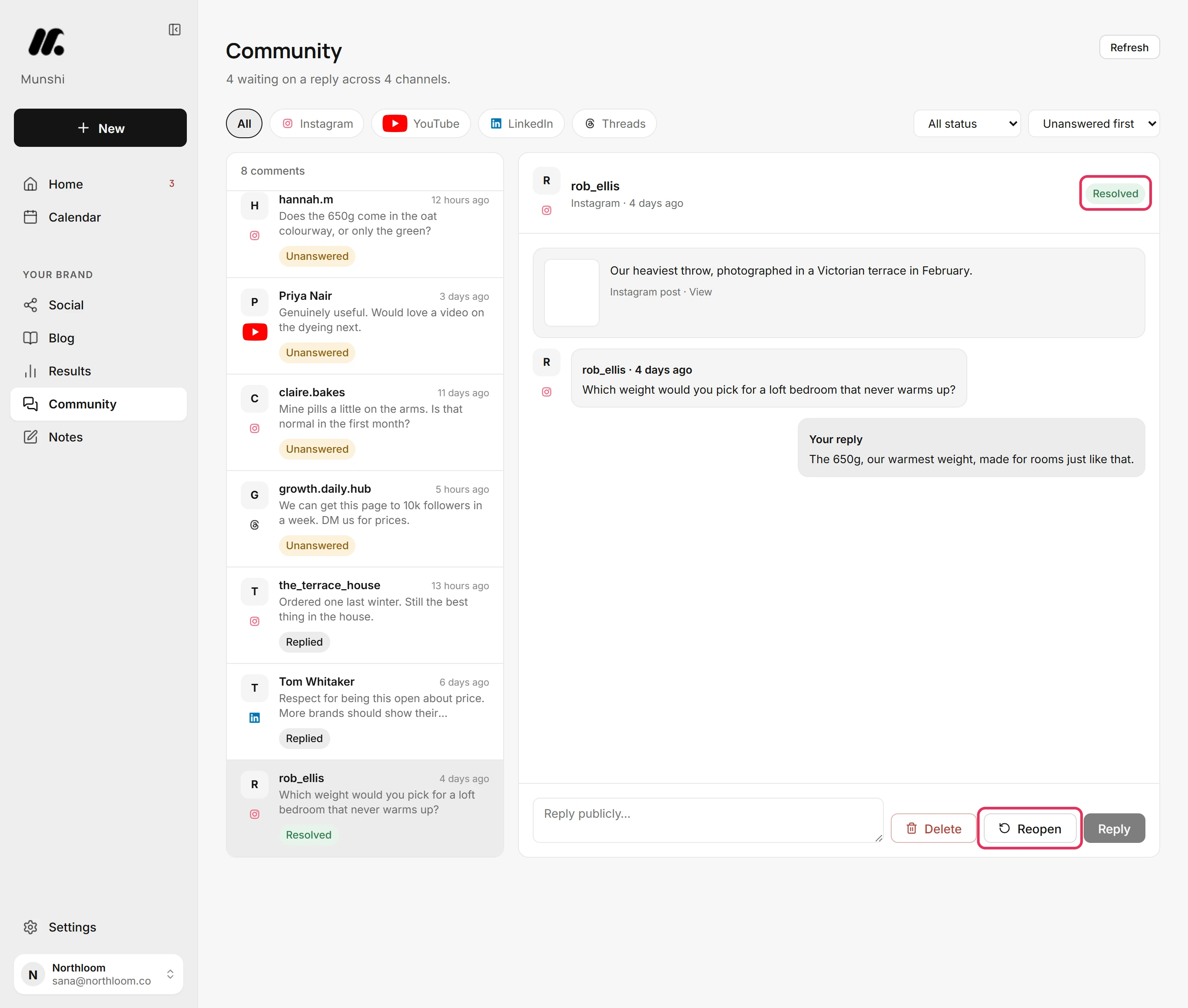 The comment marked Resolved, with the button beside it now reading Reopen.