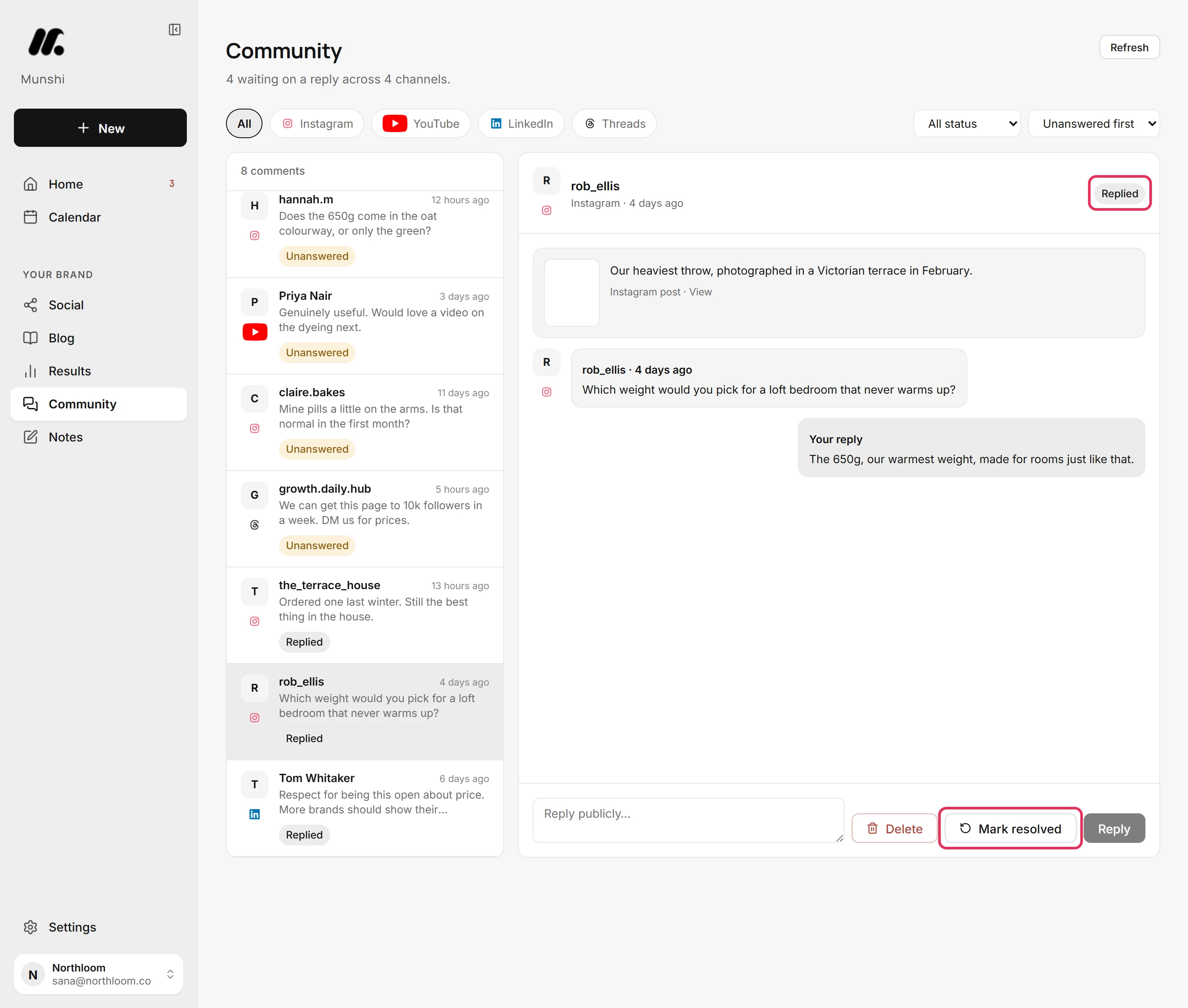 The reopened comment showing Replied again, with Mark resolved back beside it.