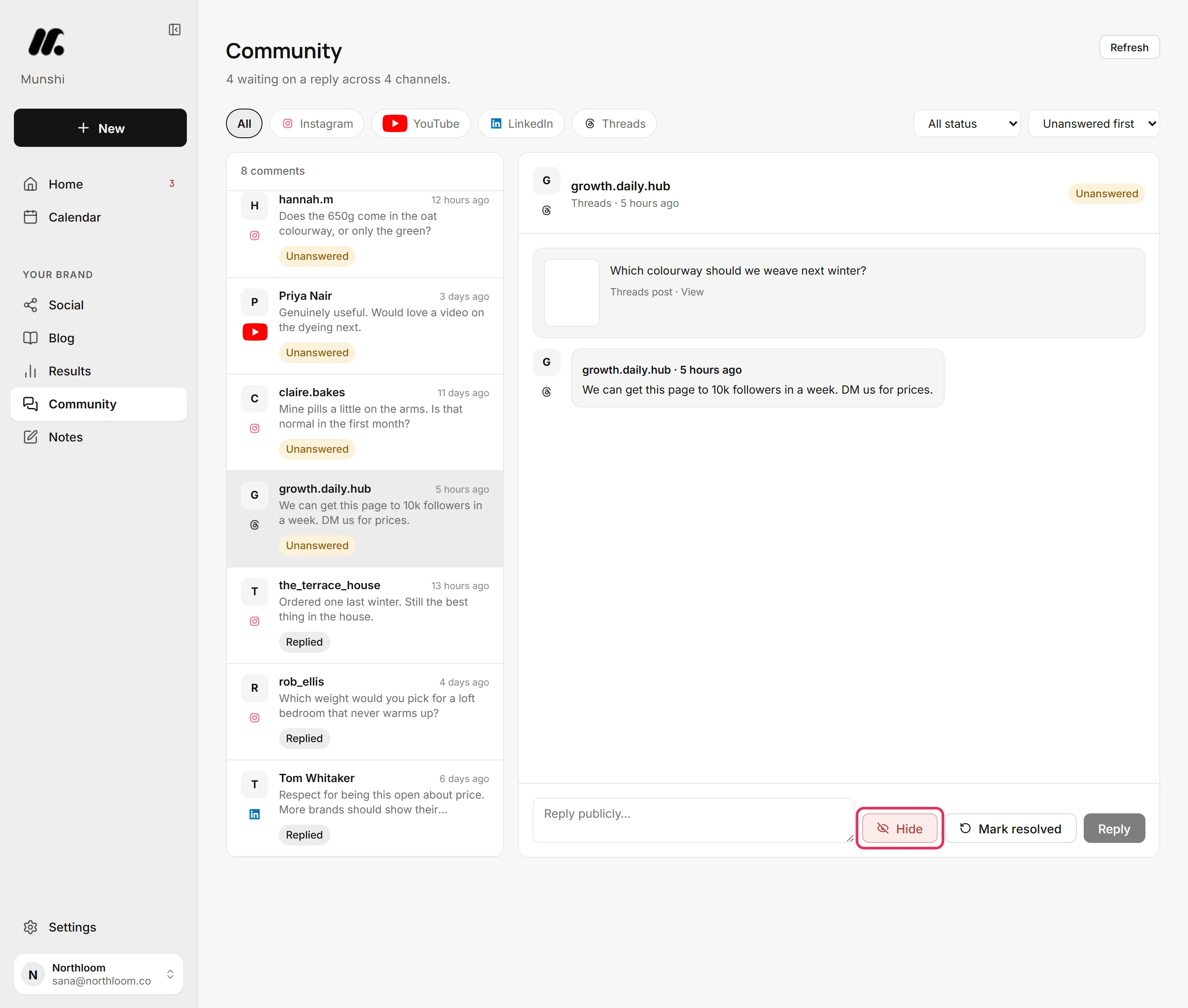 A spam reply on Threads open in the inbox, with the Hide button outlined.