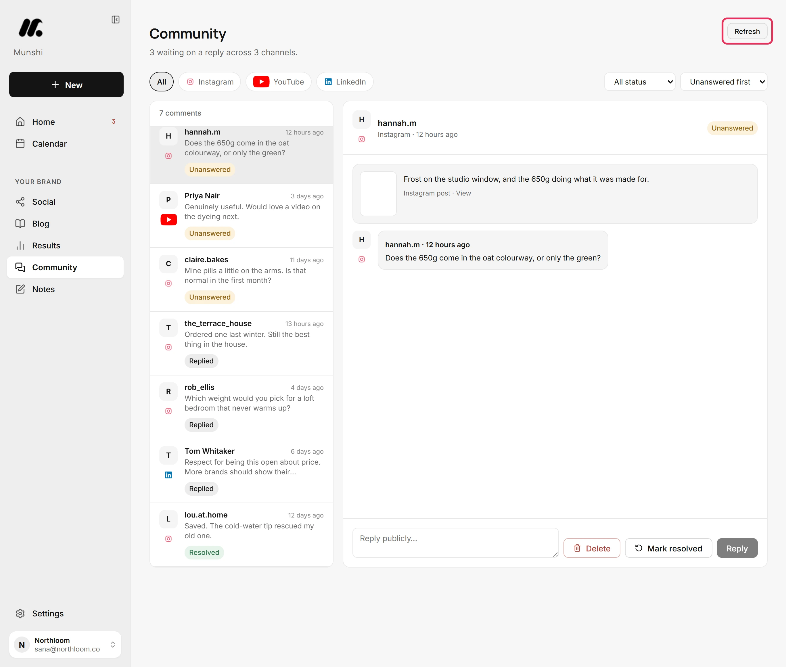 The Refresh button at the top right of the Community page, outlined.