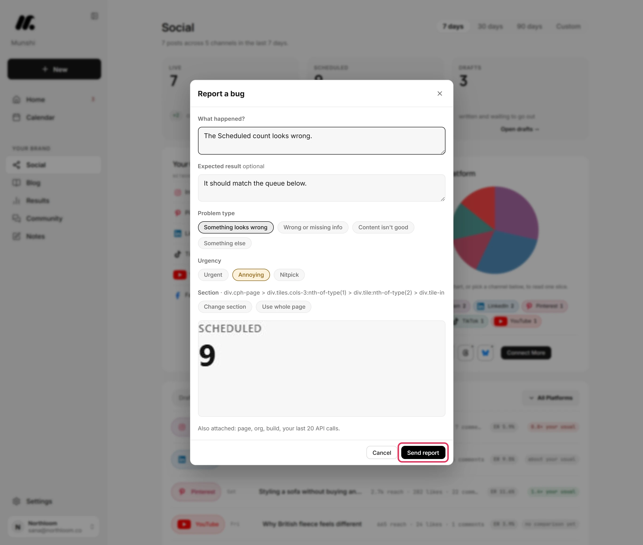 The finished report with the picked section, its cropped screenshot and the Send report button outlined.