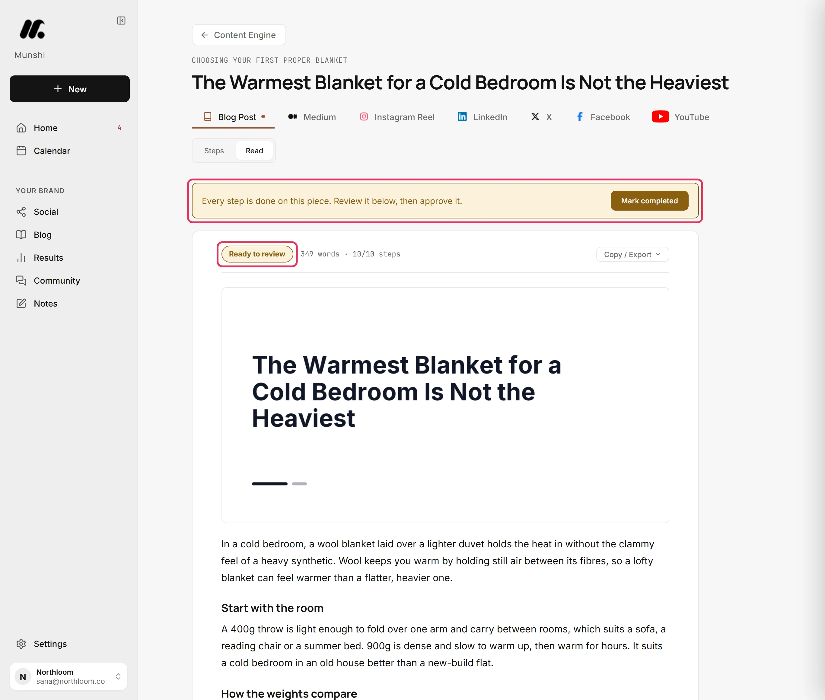 The article page reading Ready to review, with the banner above it, outlined.