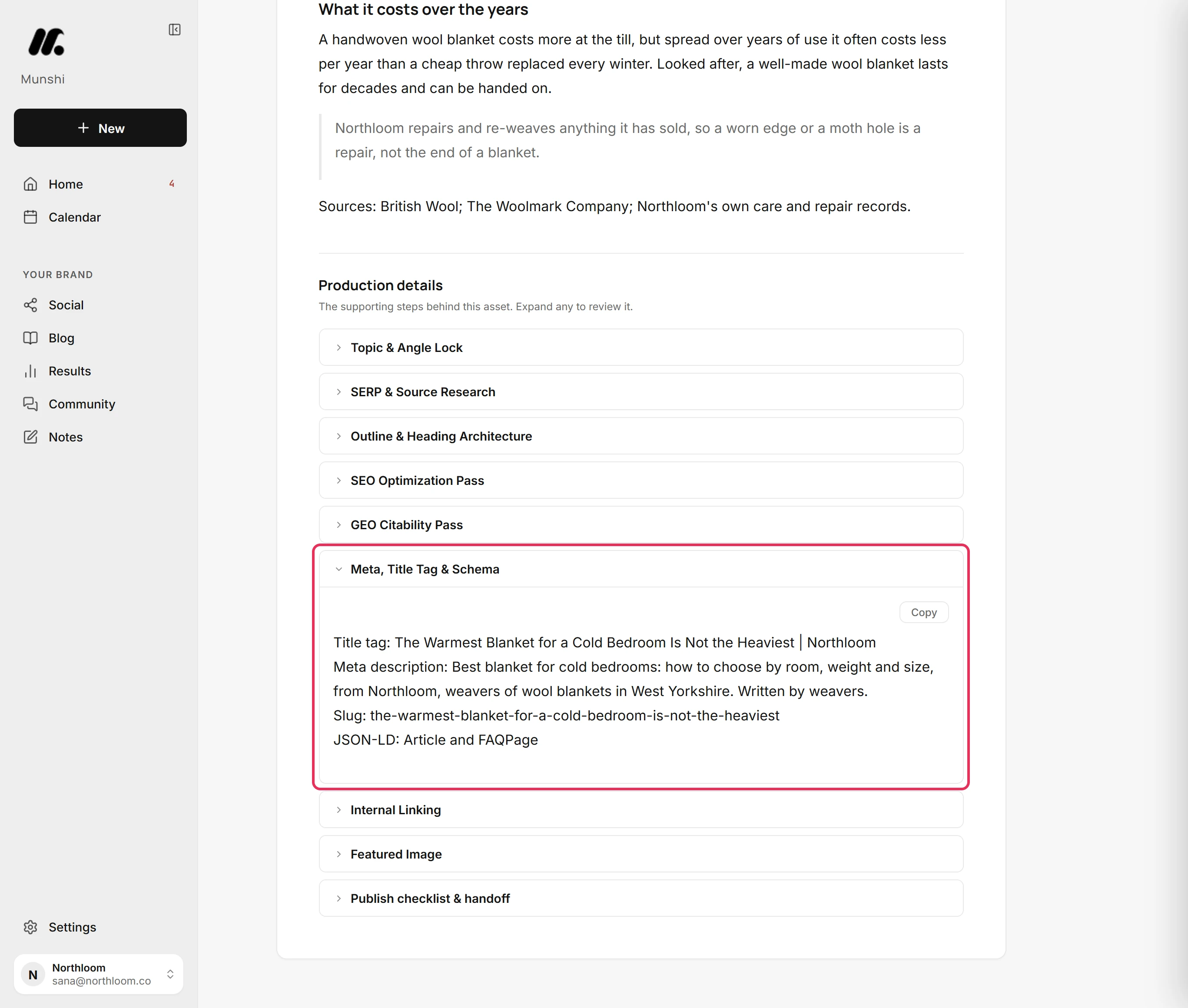 Production details with the Meta, Title Tag & Schema step open, showing its title tag, meta description and slug, outlined.