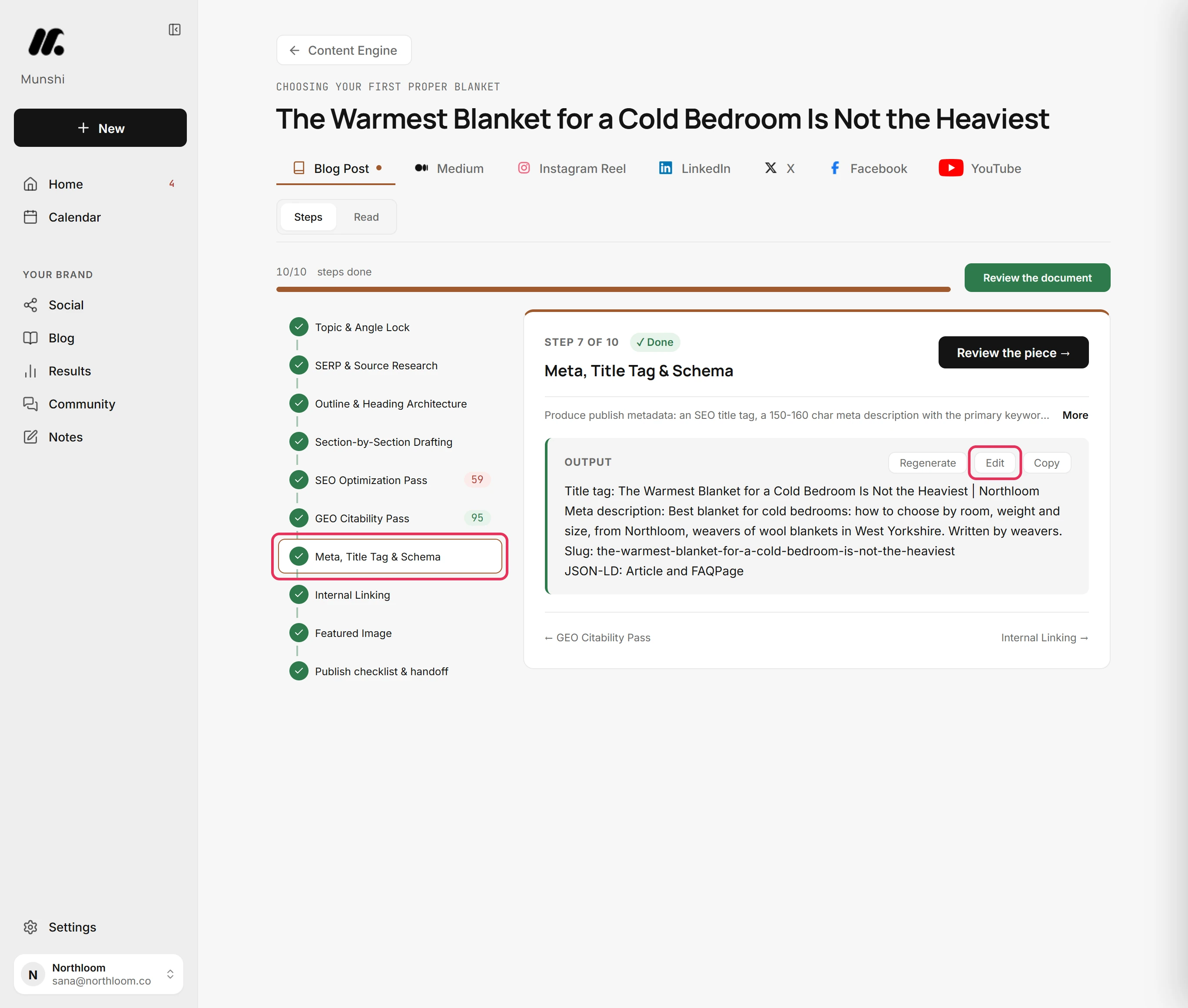 The writer with Meta, Title Tag & Schema selected in the list of steps and its Edit button outlined.