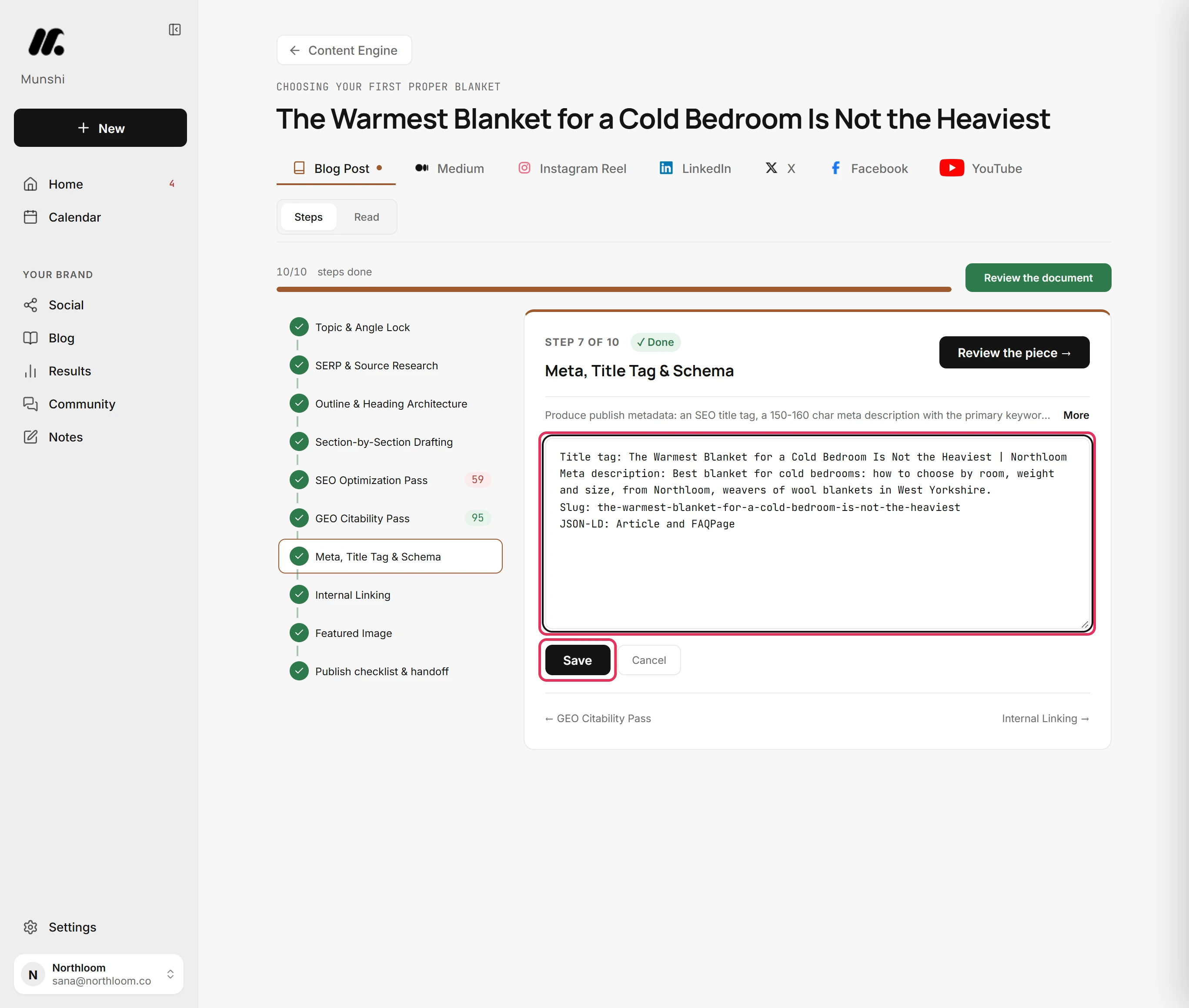The meta and schema text open for editing with the repeated line taken out, and the Save button, outlined.