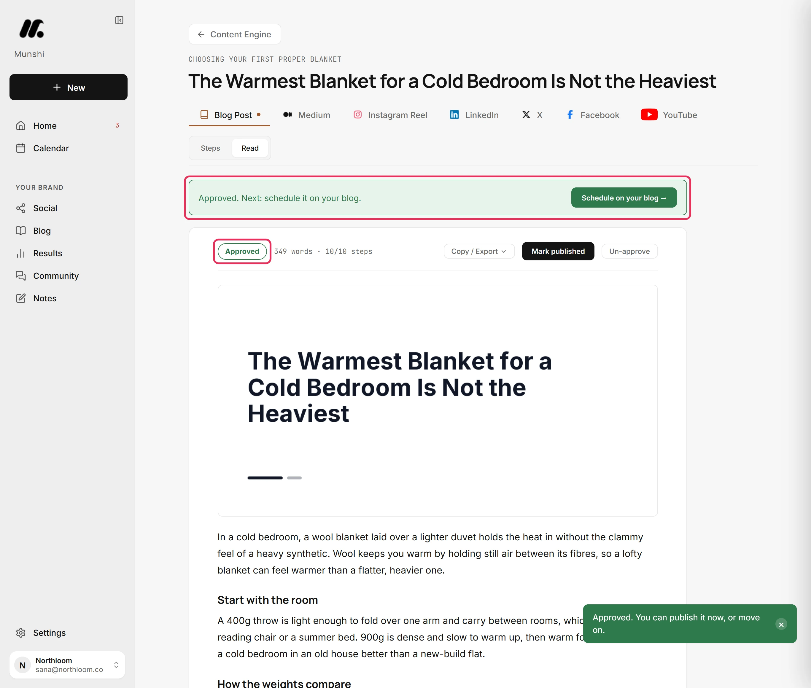 The article reading Approved, with the banner offering Schedule on your blog, outlined.