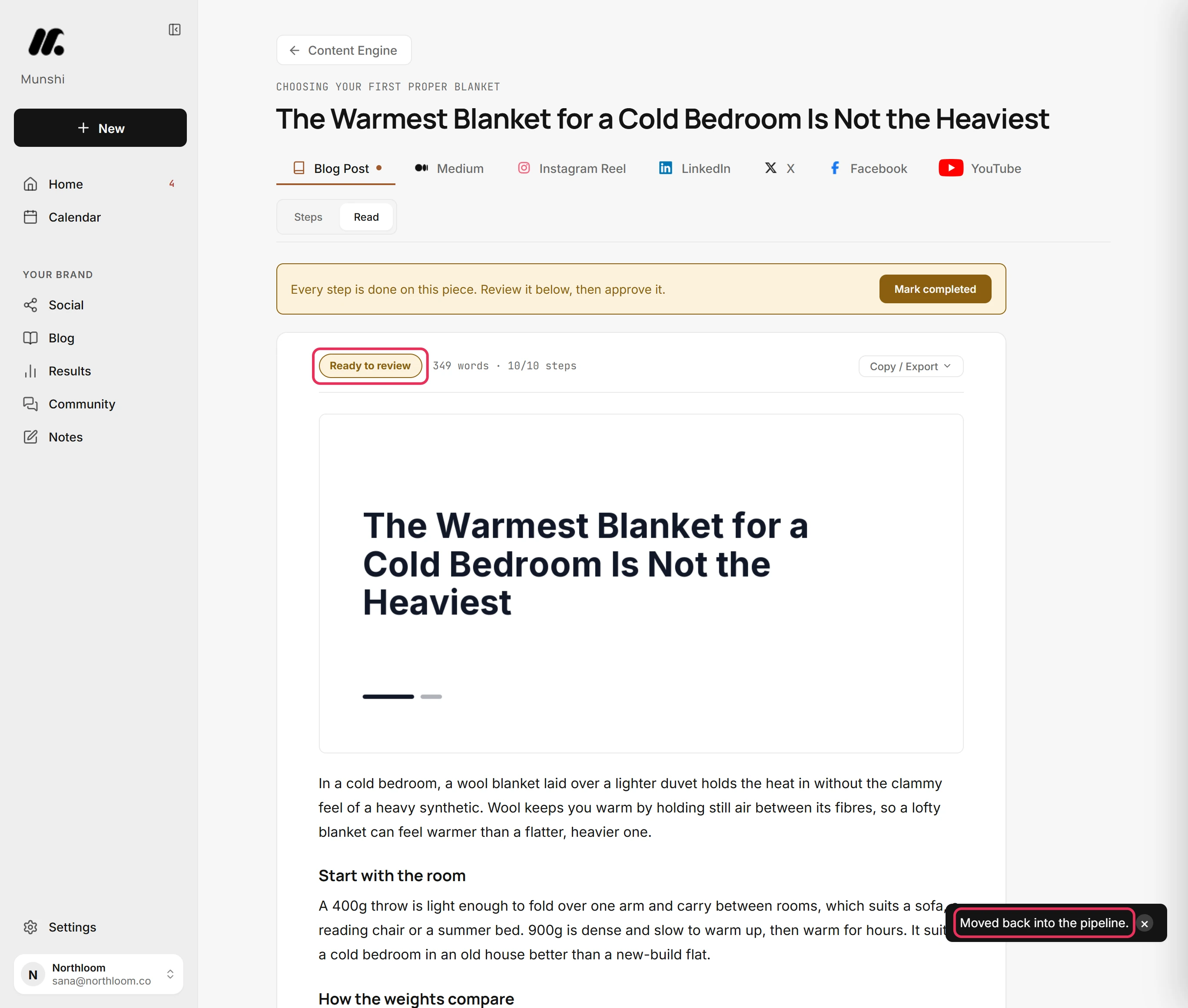 The article back to Ready to review, with the Moved back into the pipeline. confirmation, outlined.