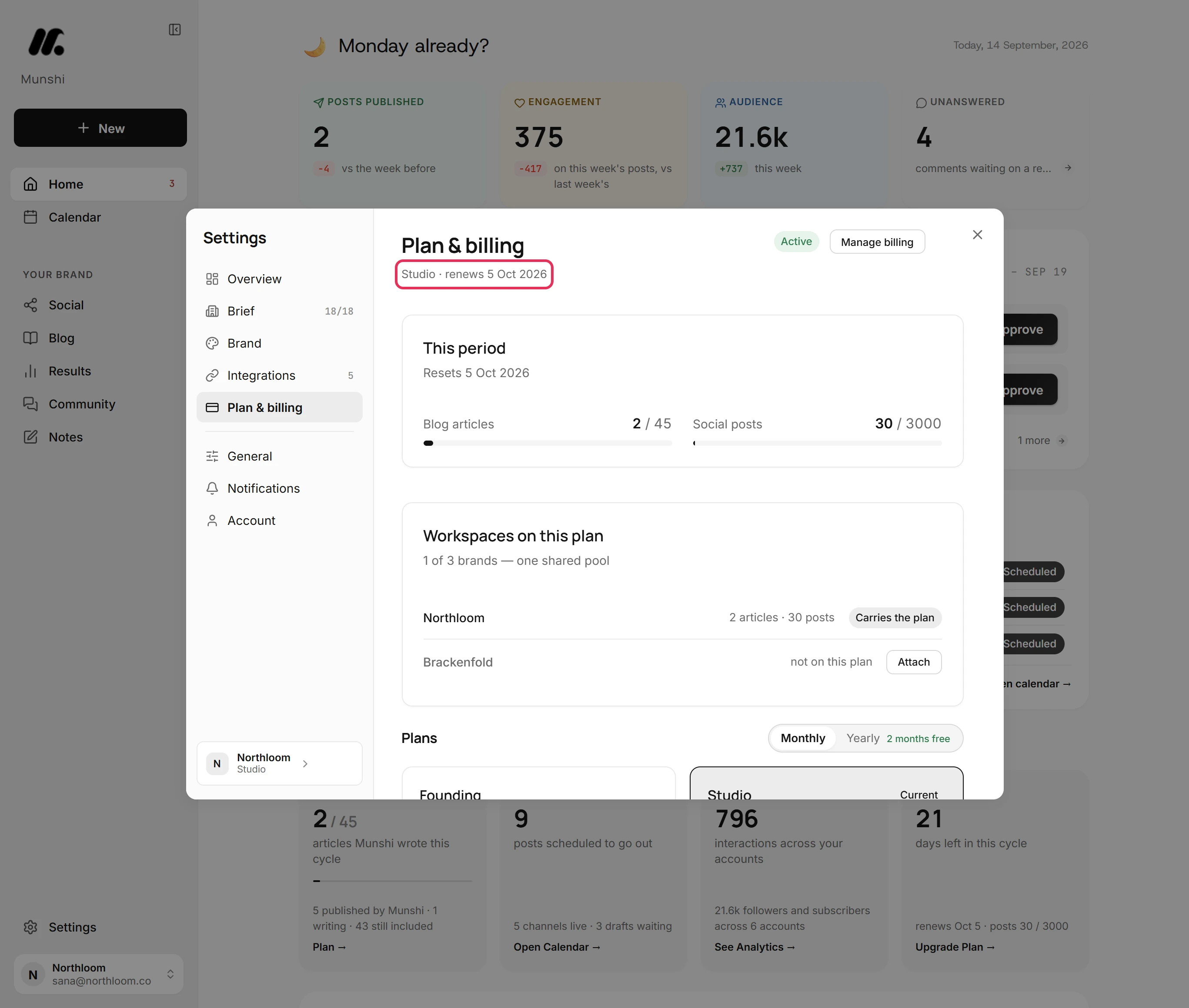 Plan and billing for Northloom, with the line reading Studio and its renewal date outlined.