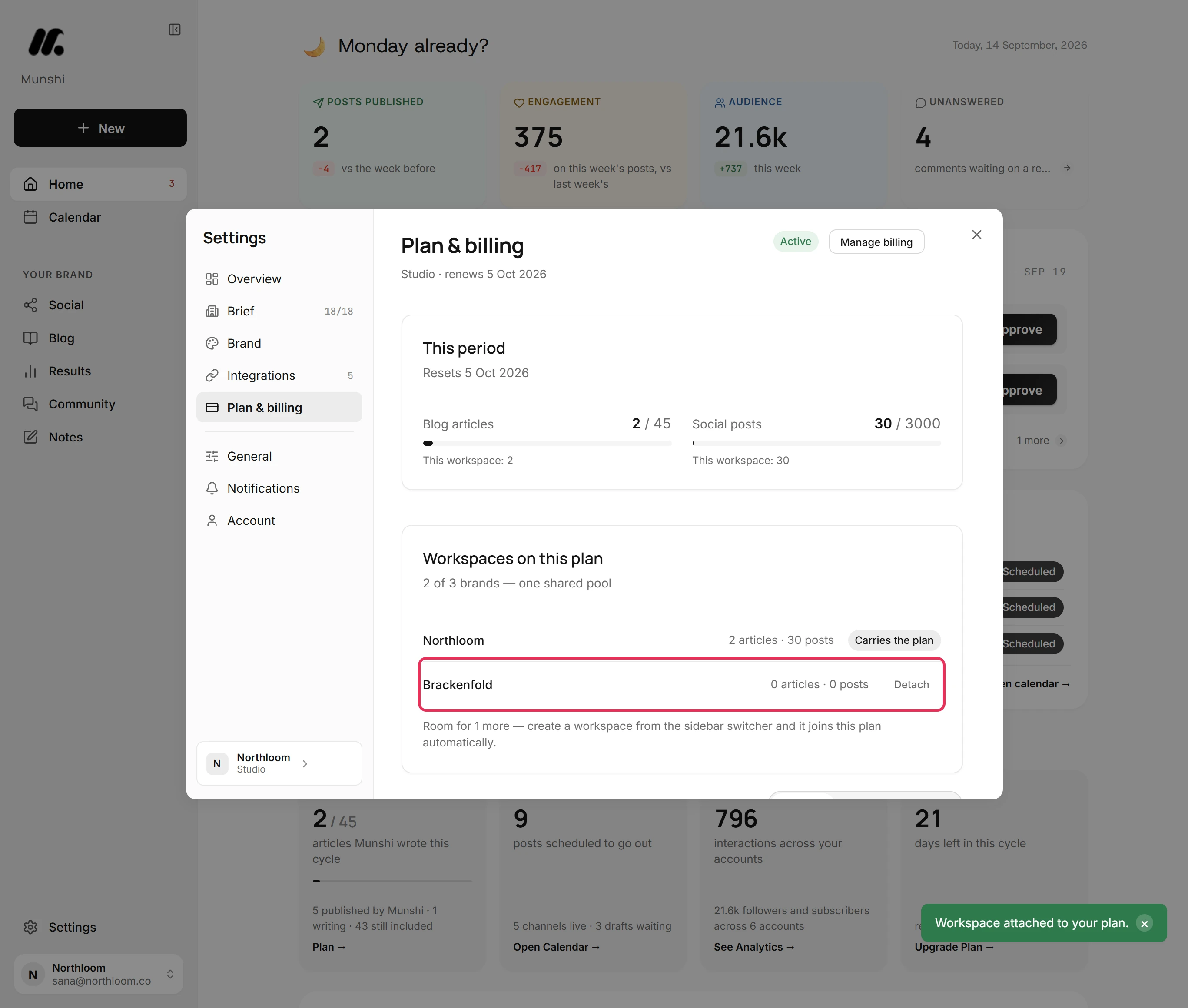 Brackenfold's row outlined after attaching, showing 0 articles and 0 posts and a Detach button, with the message Workspace attached to your plan.