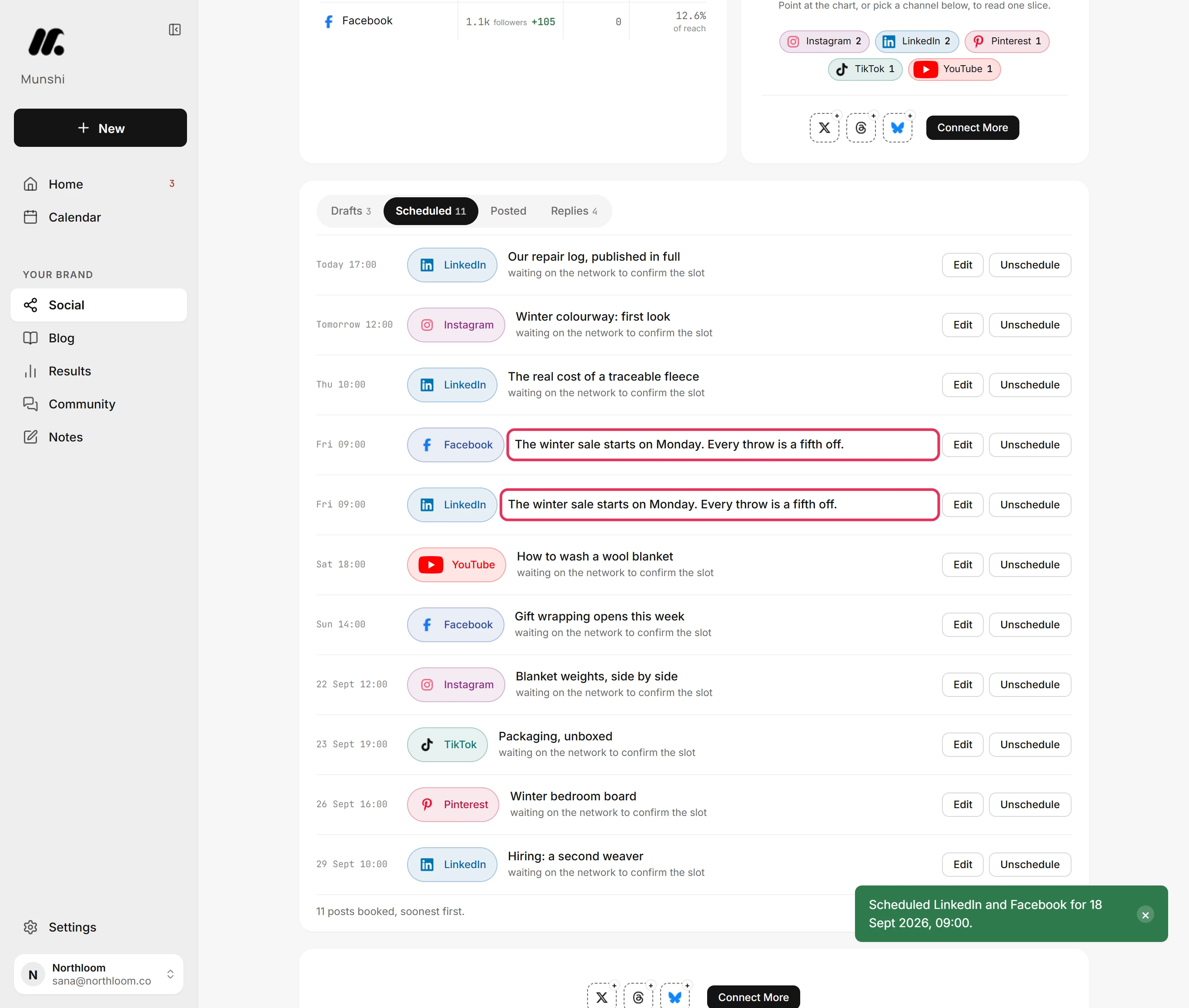 The Scheduled tab listing the finished post for LinkedIn and for Facebook.
