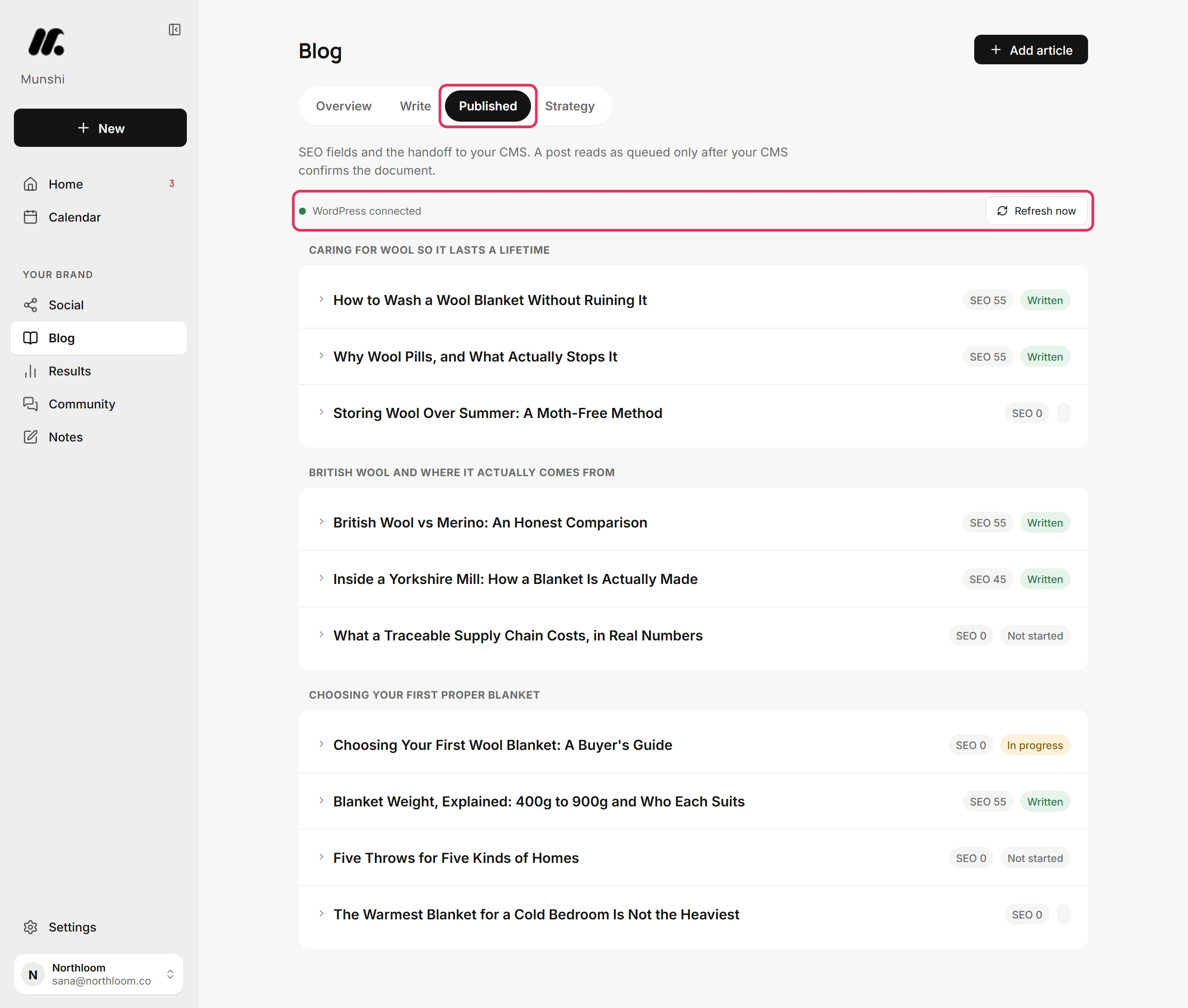 The Published tab on Blog, with the tab and the WordPress connected line outlined.