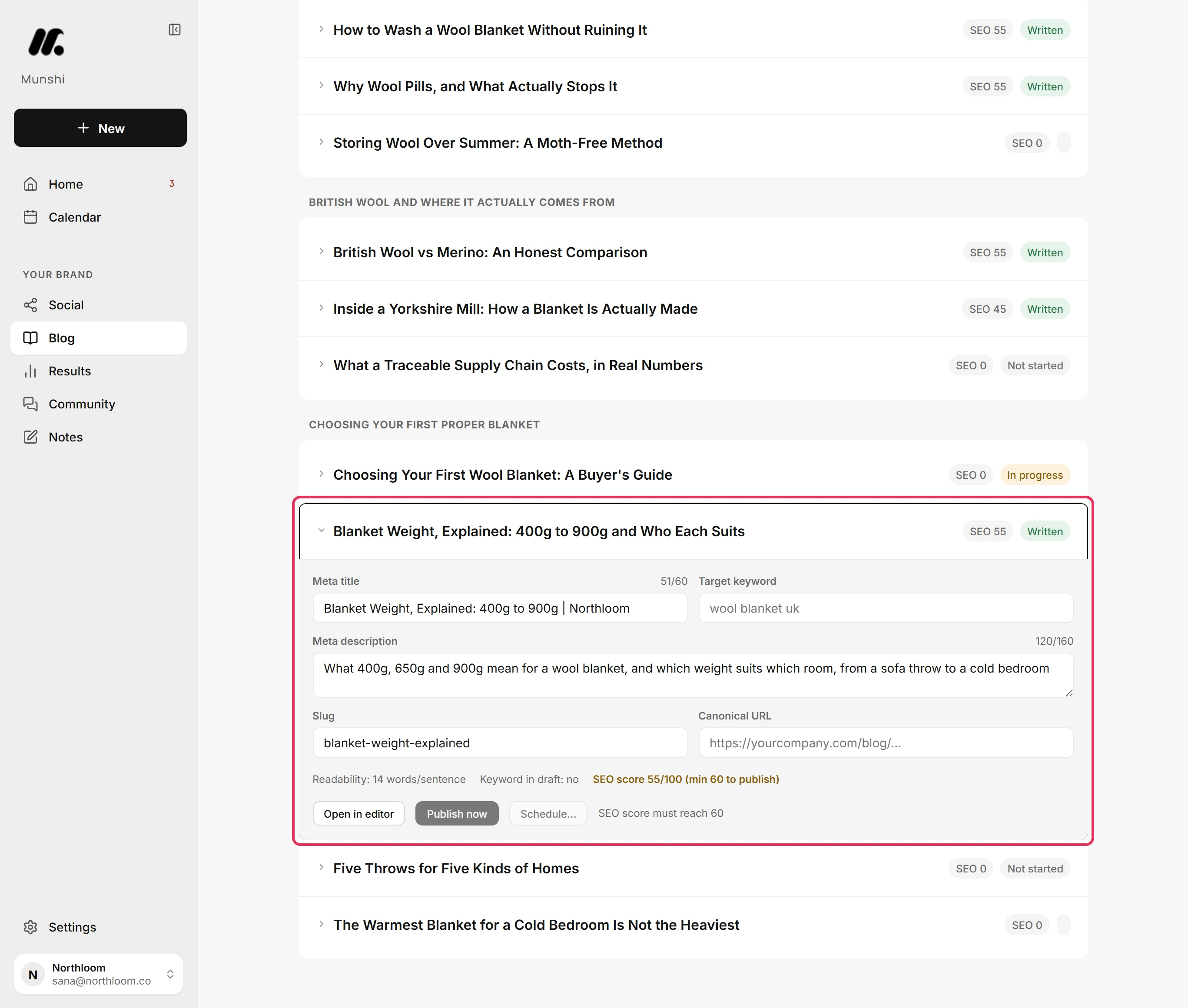 The article Blanket Weight, Explained open on the Published tab, showing its SEO fields.