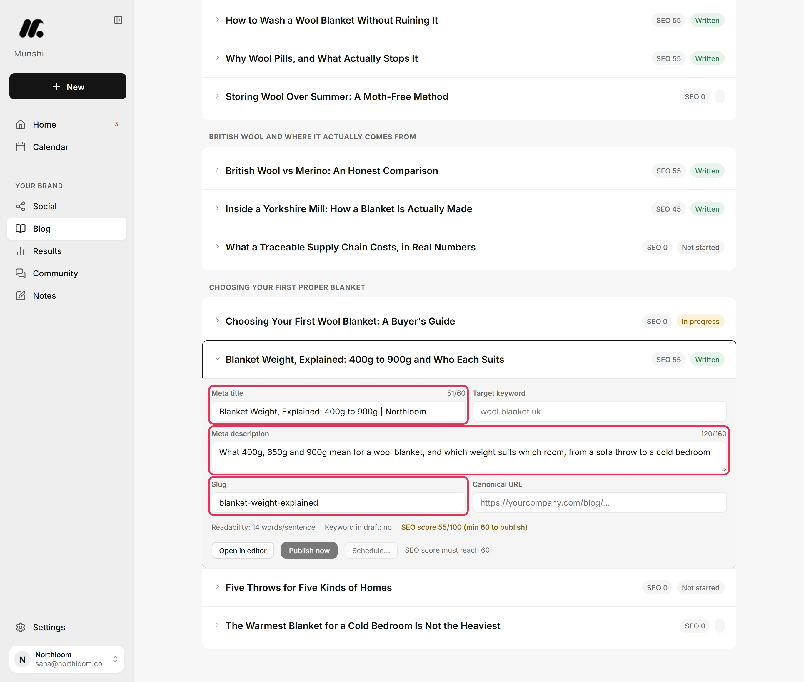 The Meta title, Meta description and Slug fields filled in, outlined.