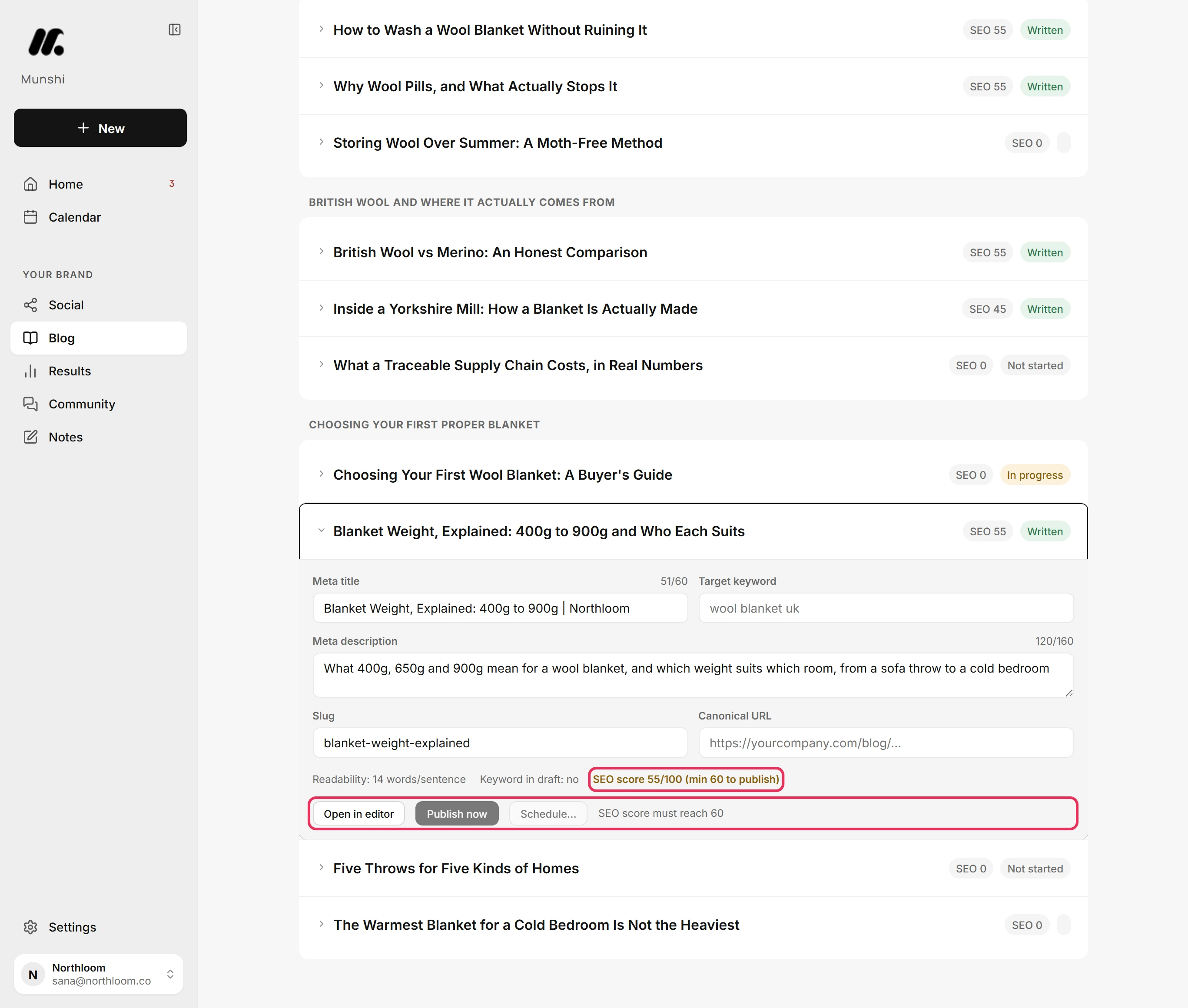 The SEO score reading 55/100, and the greyed-out Publish now and Schedule buttons with SEO score must reach 60, outlined.