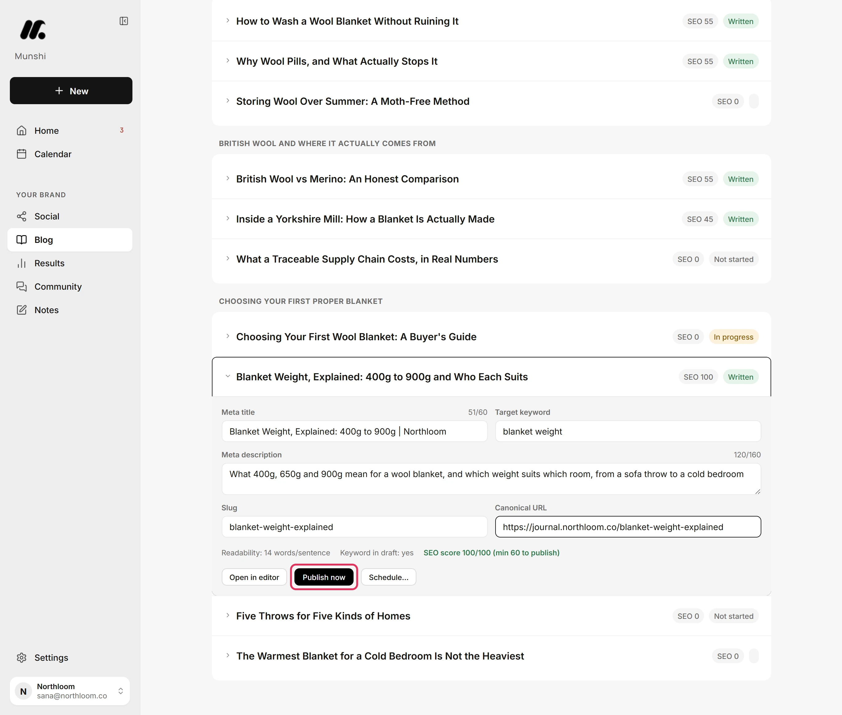 The Publish now button, available once the score is past 60, outlined.