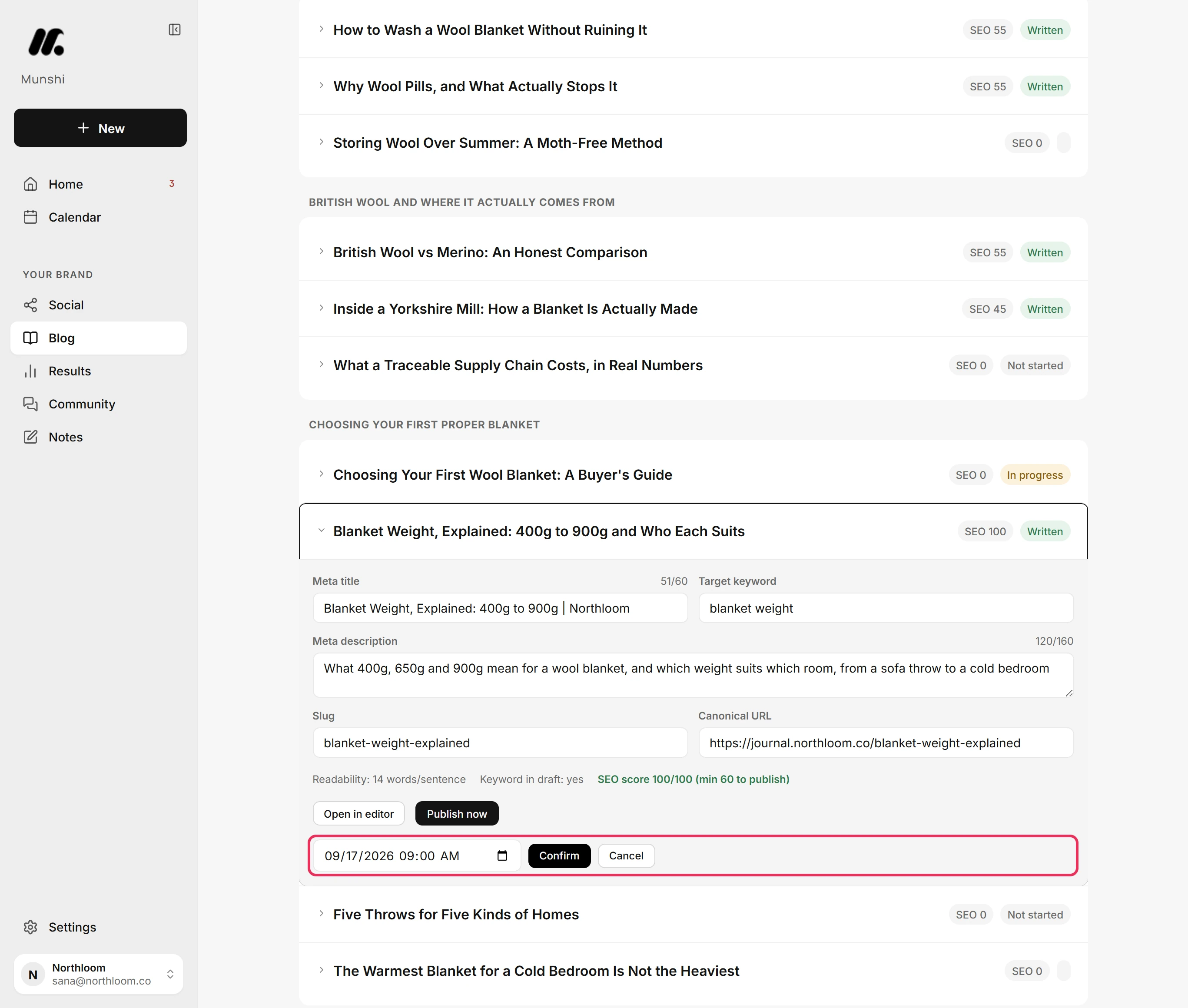 The date and time picker under the article's buttons, with Confirm and Cancel, outlined.