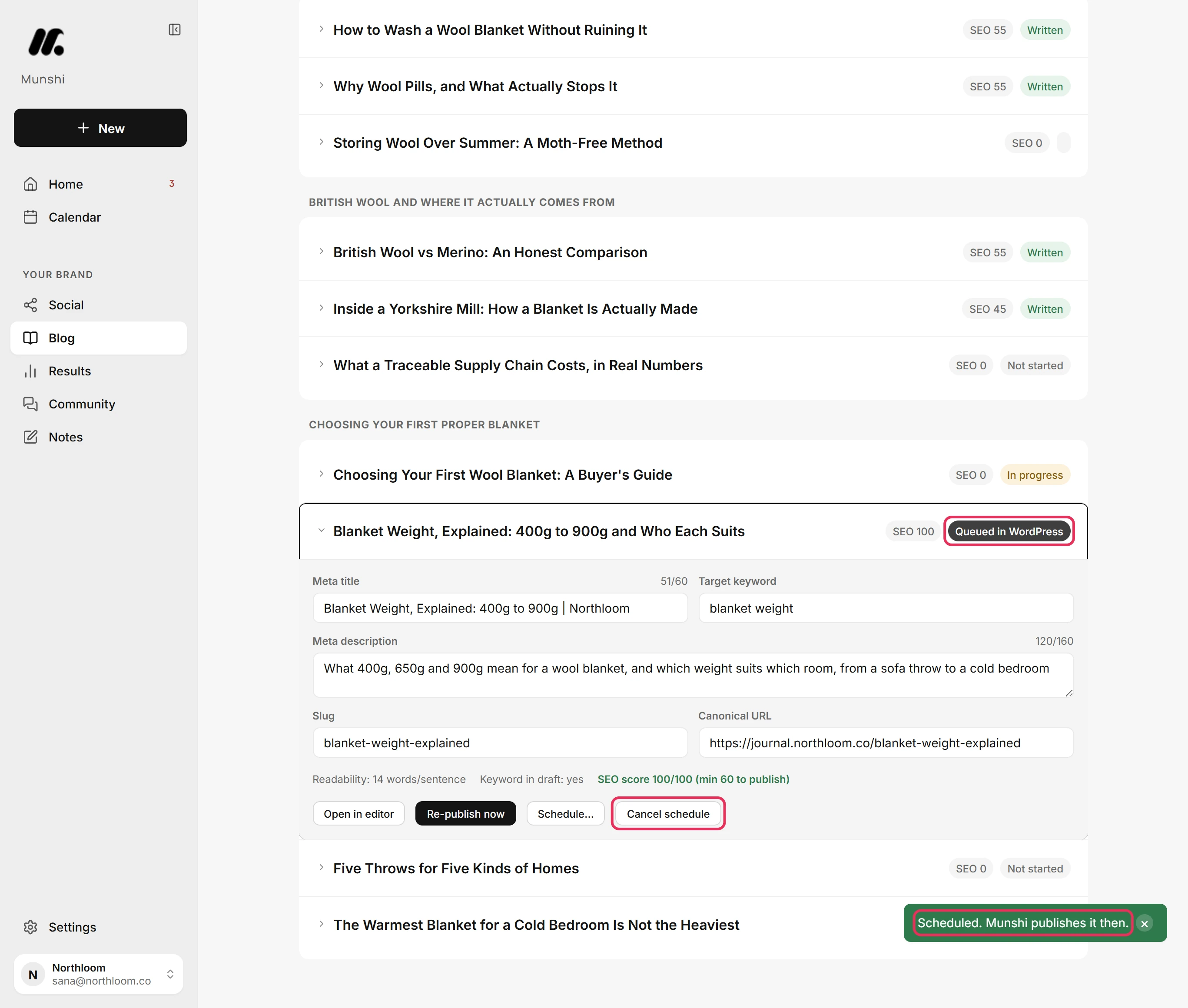 The row reading Queued in WordPress, the Cancel schedule button and the Scheduled confirmation, outlined.