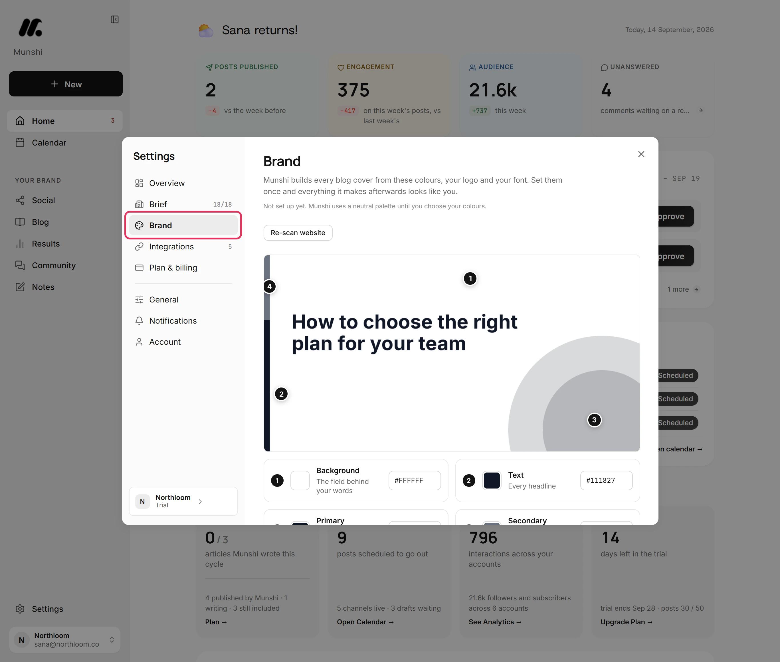The Settings dialog open on Brand, with the Brand tab outlined and a sample cover under the title.
