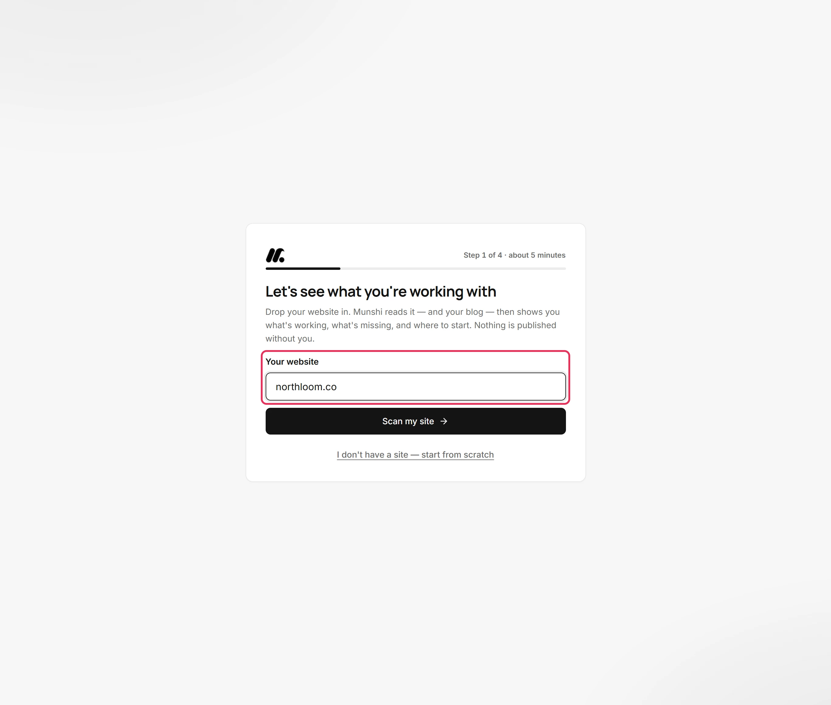 The first setup screen with northloom.co typed into the Your website field, outlined in red.