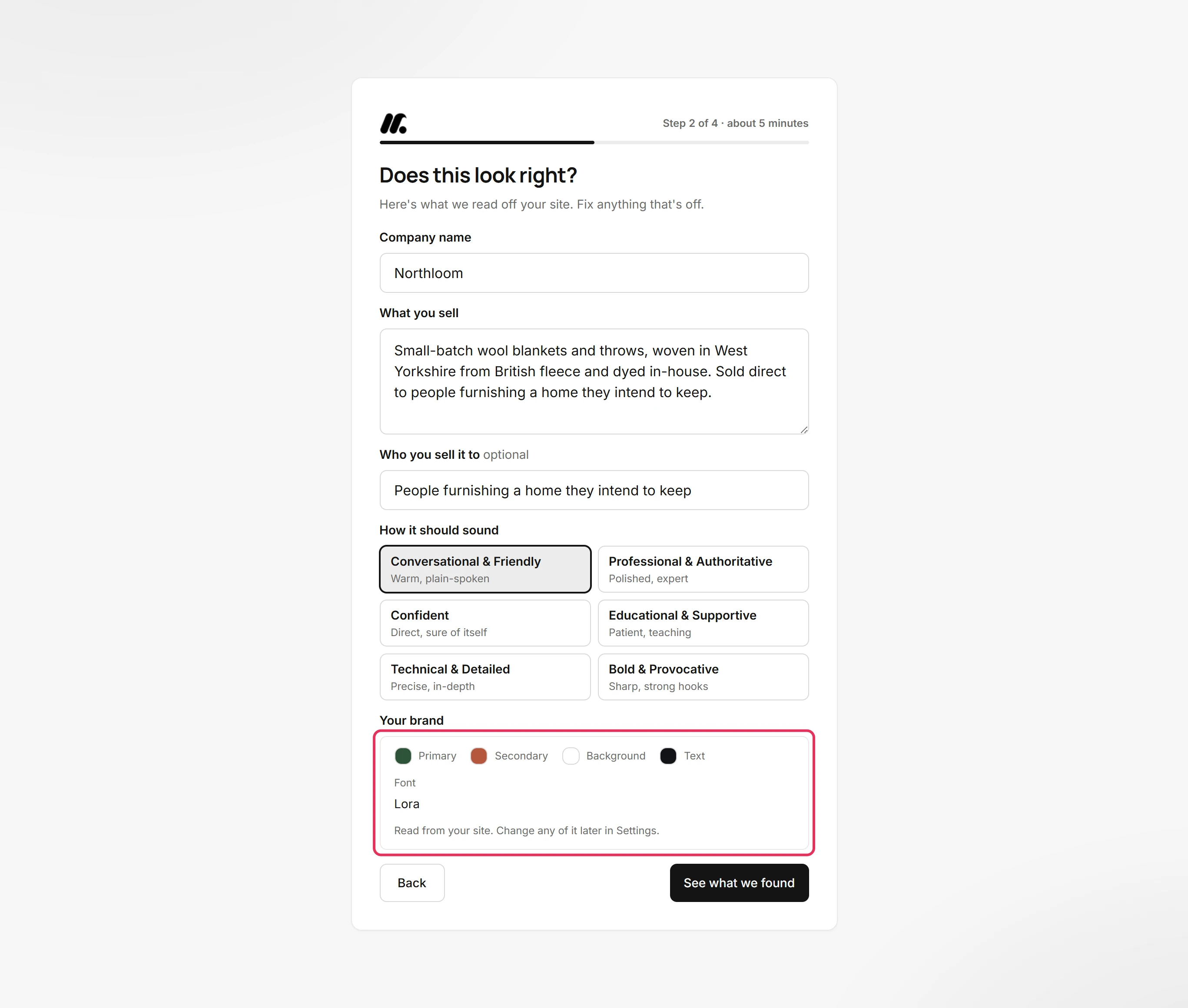 The Your brand block with Primary, Secondary, Background and Text colour chips and the font Lora, outlined.