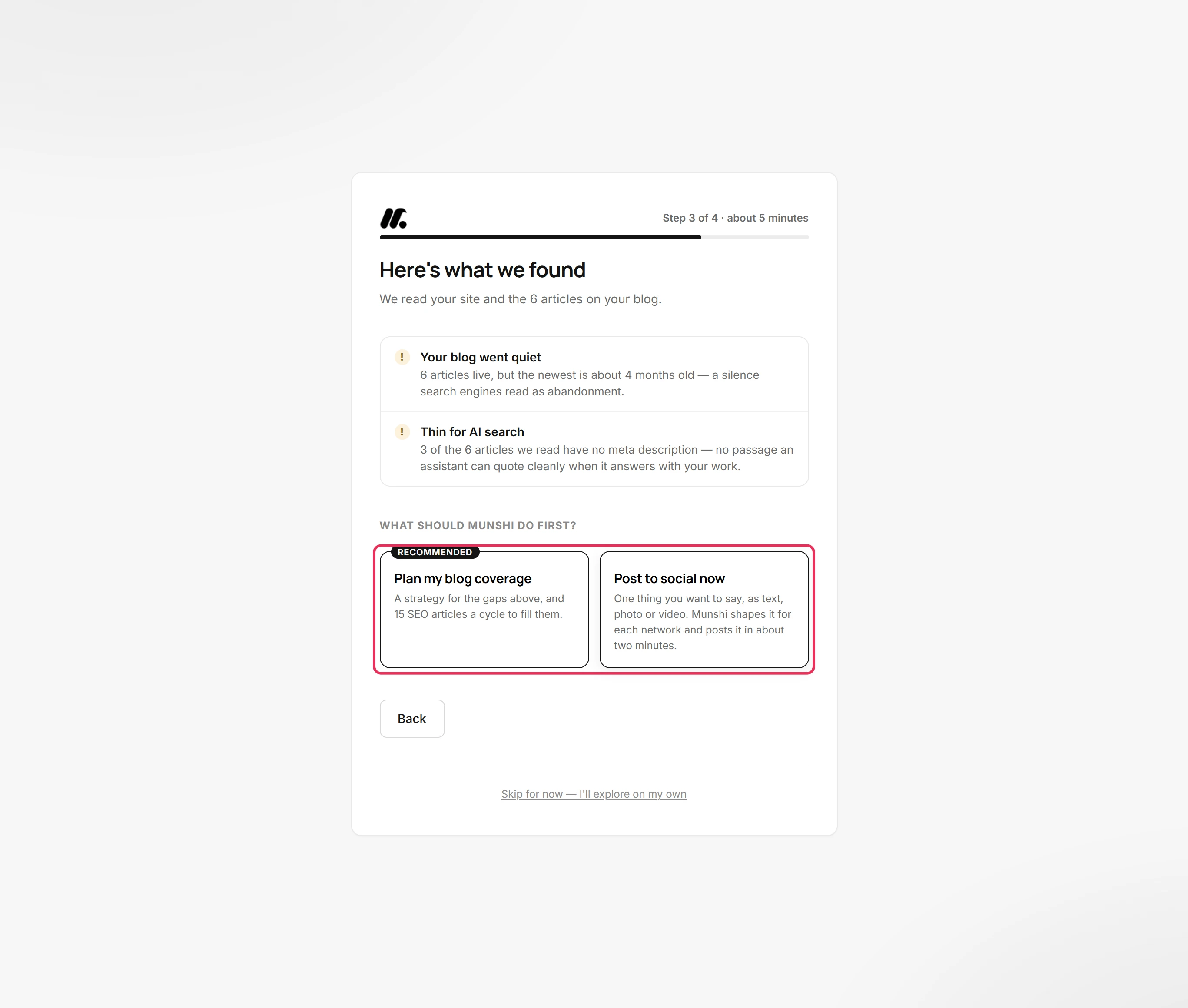 The two choices, Plan my blog coverage marked Recommended and Post to social now, outlined.