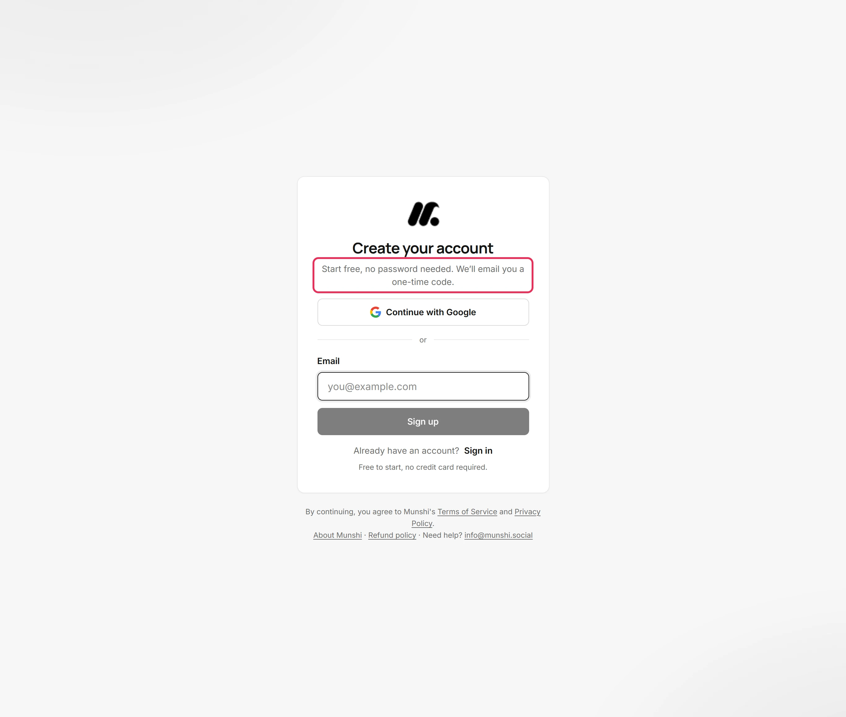 The Create your account card, with its line about the one-time code outlined.