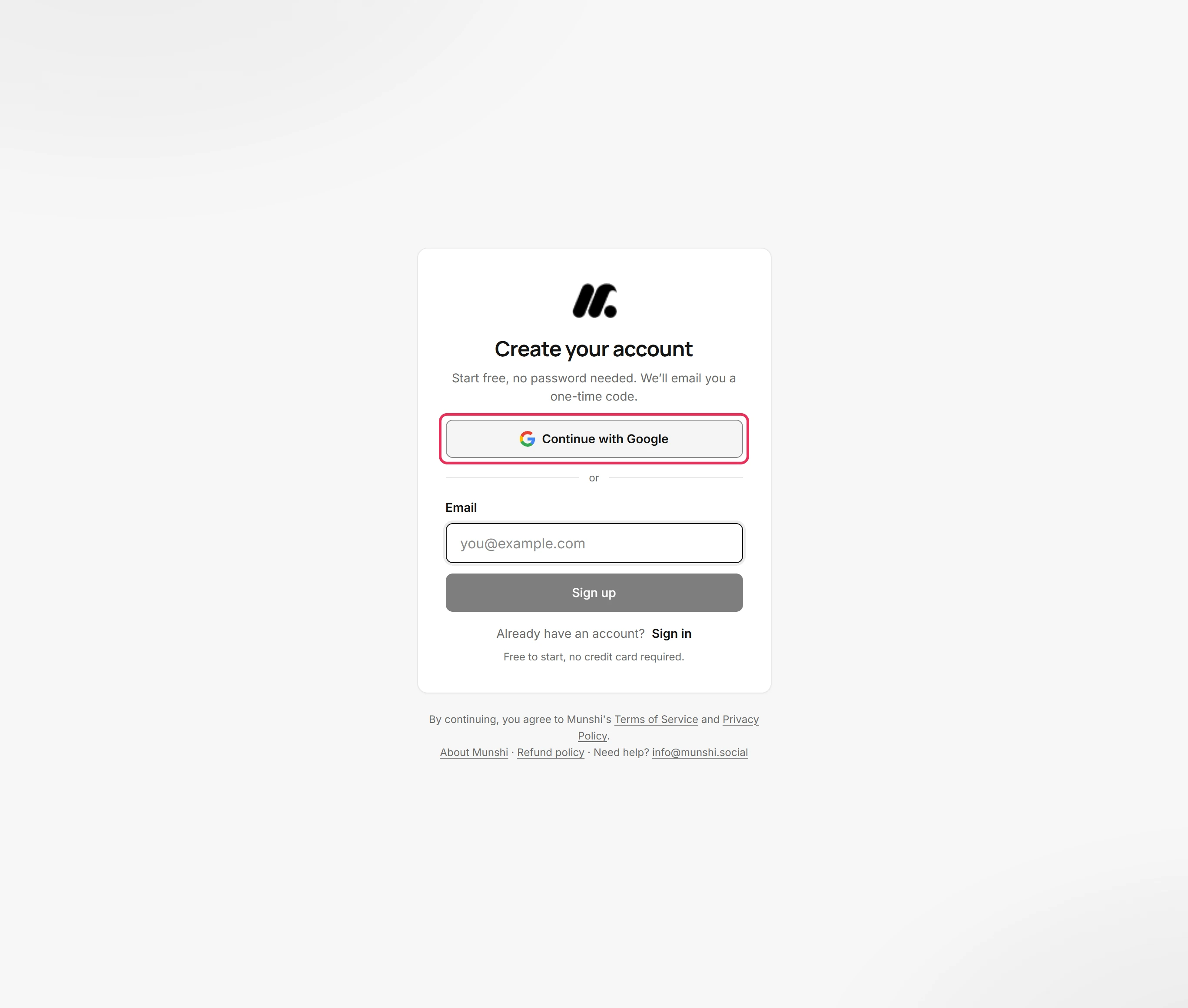 The Continue with Google button at the top of the Create your account card, outlined.