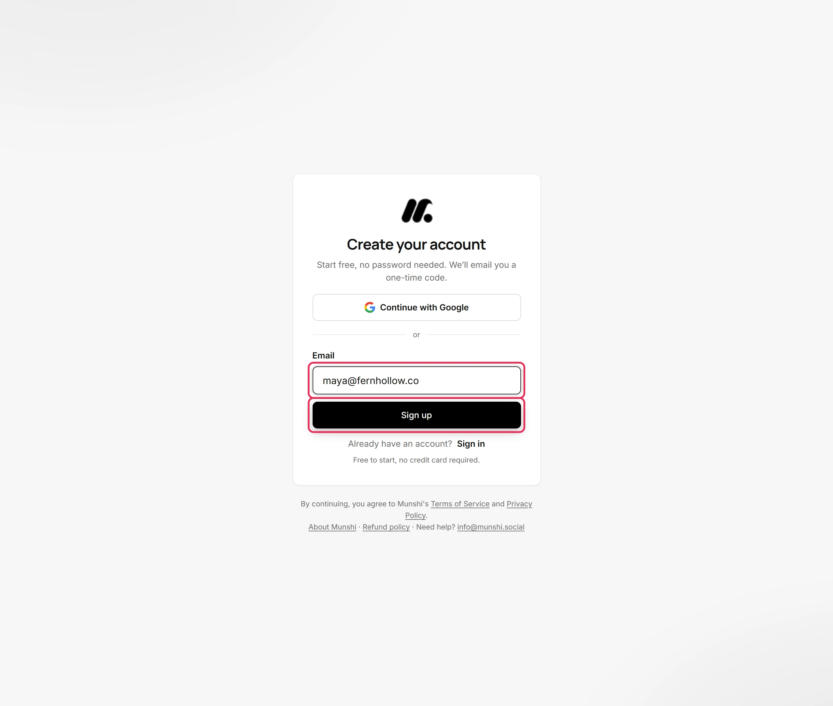 The Create your account card with maya@fernhollow.co in the Email box, and the box and the Sign up button outlined.