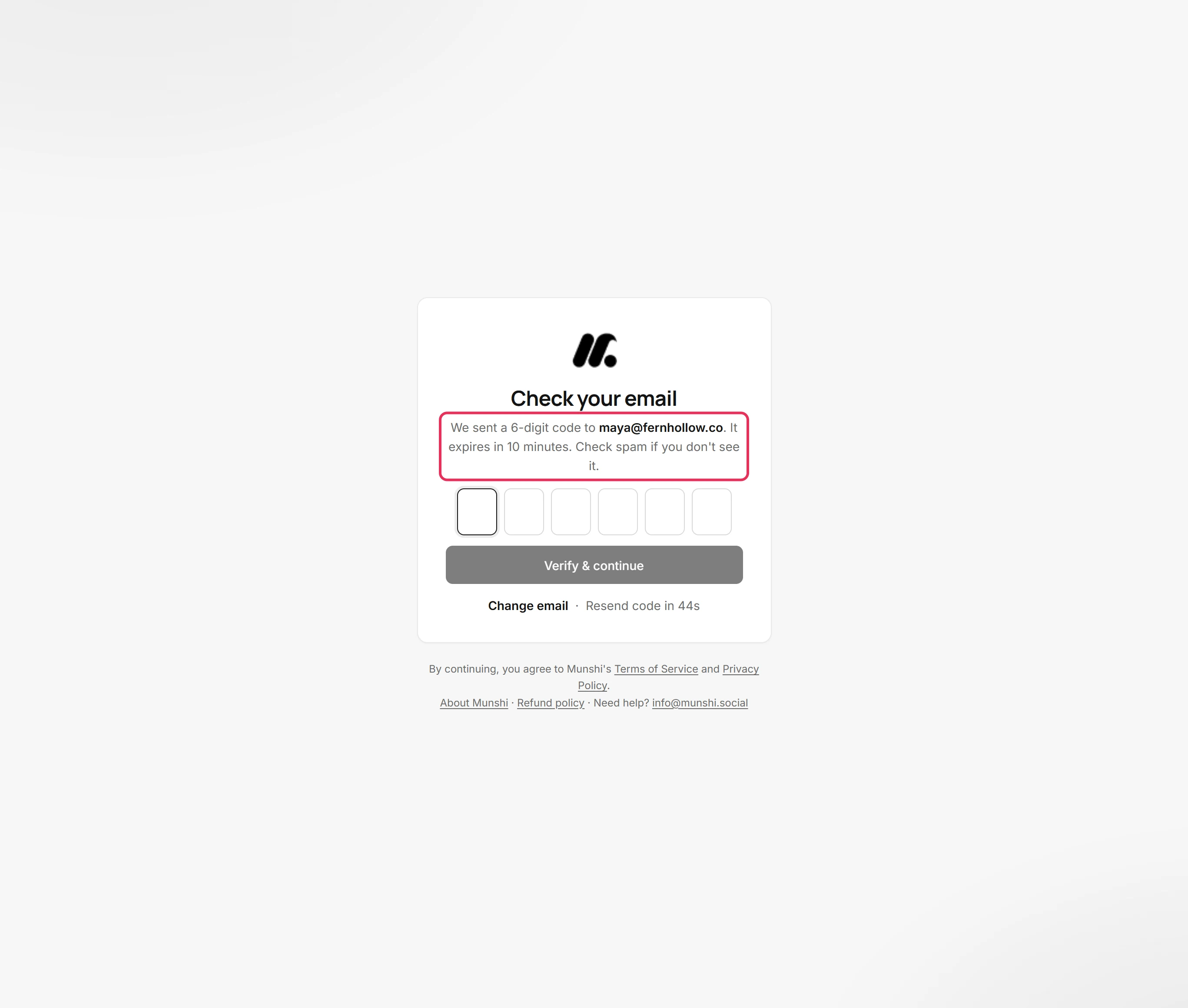 The Check your email screen saying a 6-digit code was sent to maya@fernhollow.co and expires in 10 minutes, with that line outlined.
