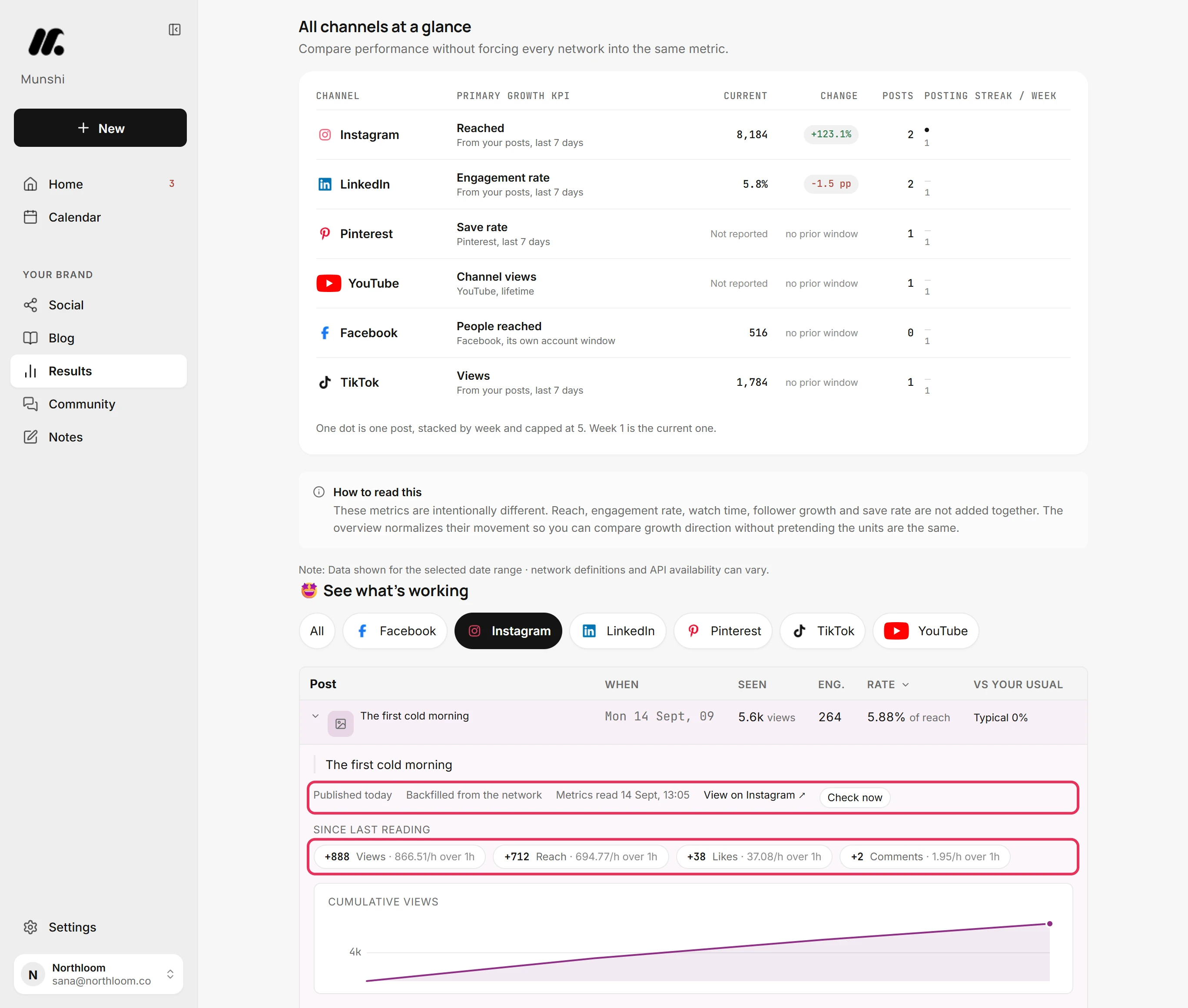An opened post: its age, when it was read, View on Instagram, Check now, changes since the last reading and a cumulative views chart.