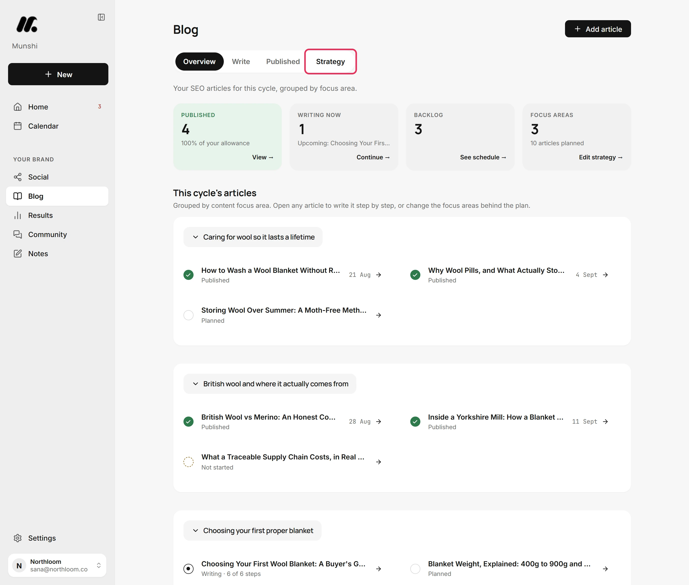 The Blog page with the Strategy tab outlined in red.