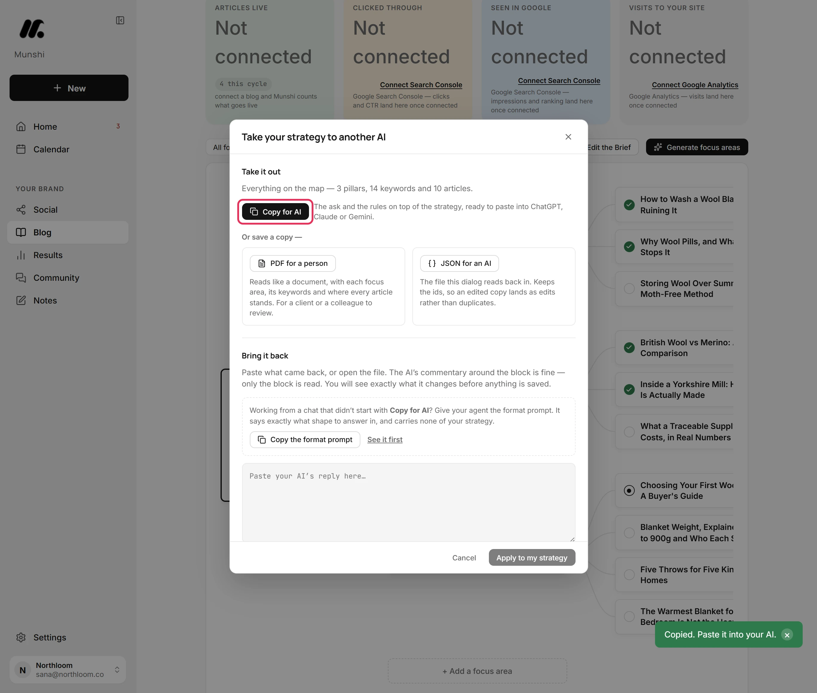 The Take it out section of the dialog with Copy for AI outlined in red.