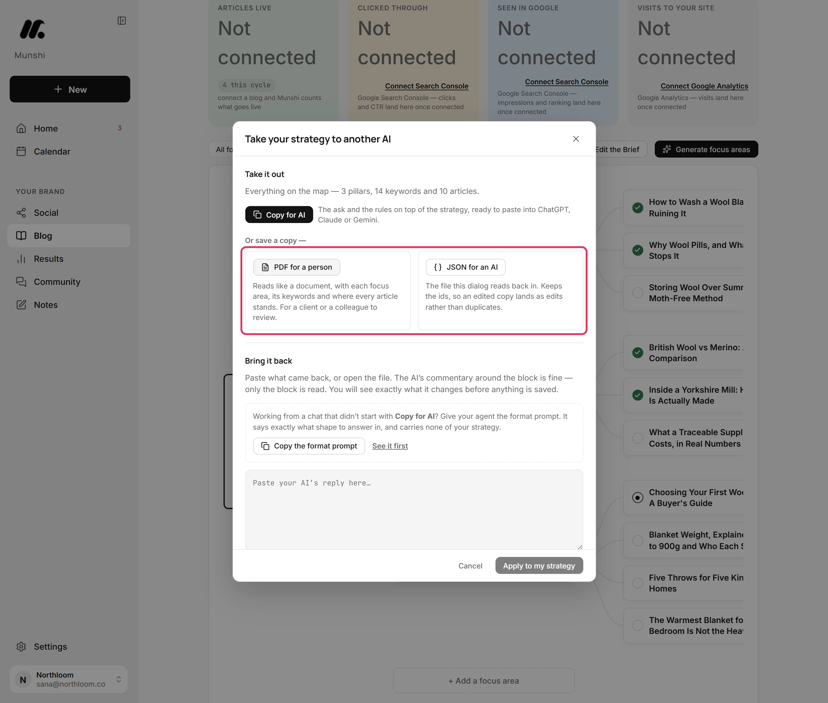 The two save buttons, PDF for a person and JSON for an AI, outlined in red.