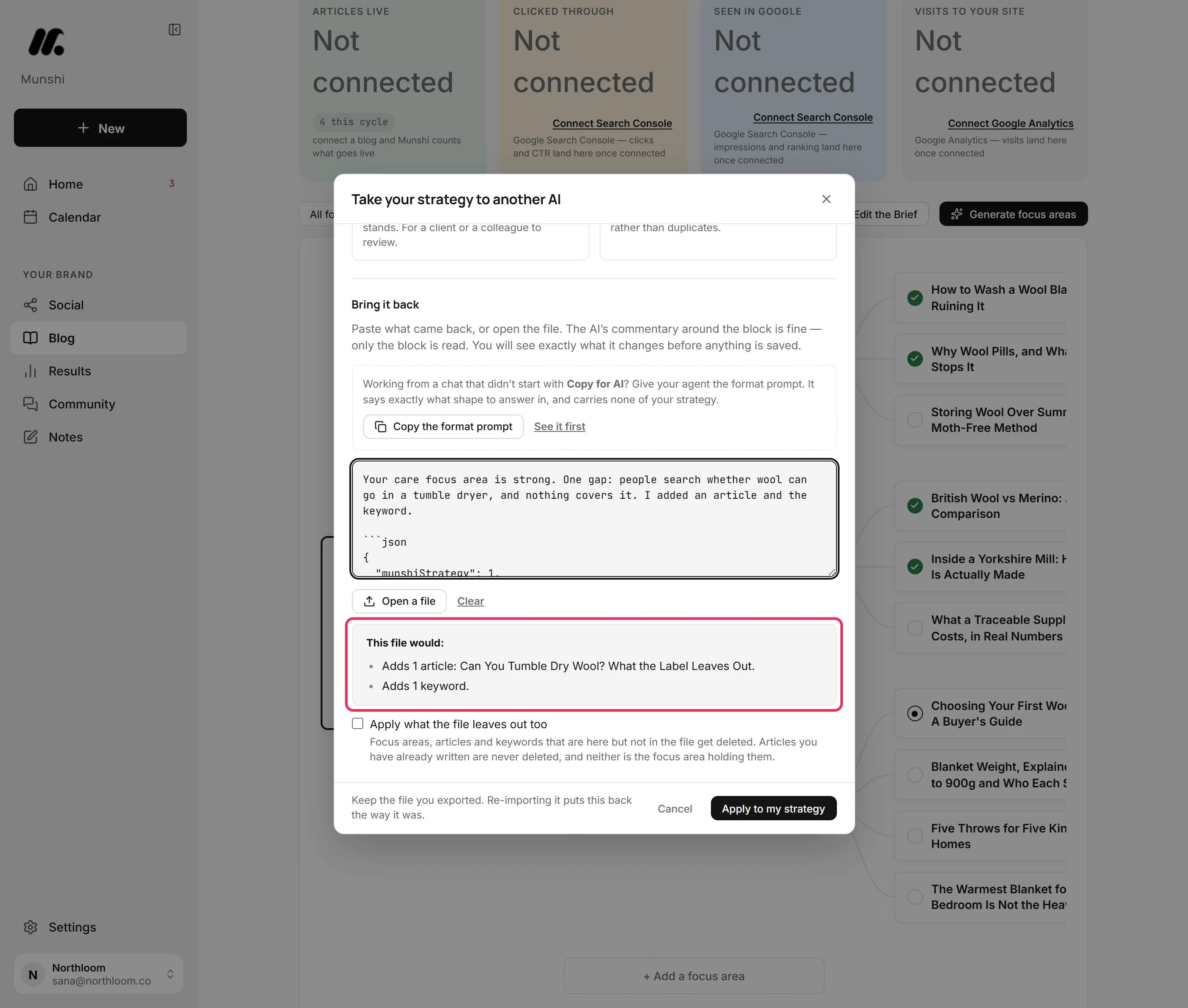 The list of changes the reply would make: one article and one keyword added.