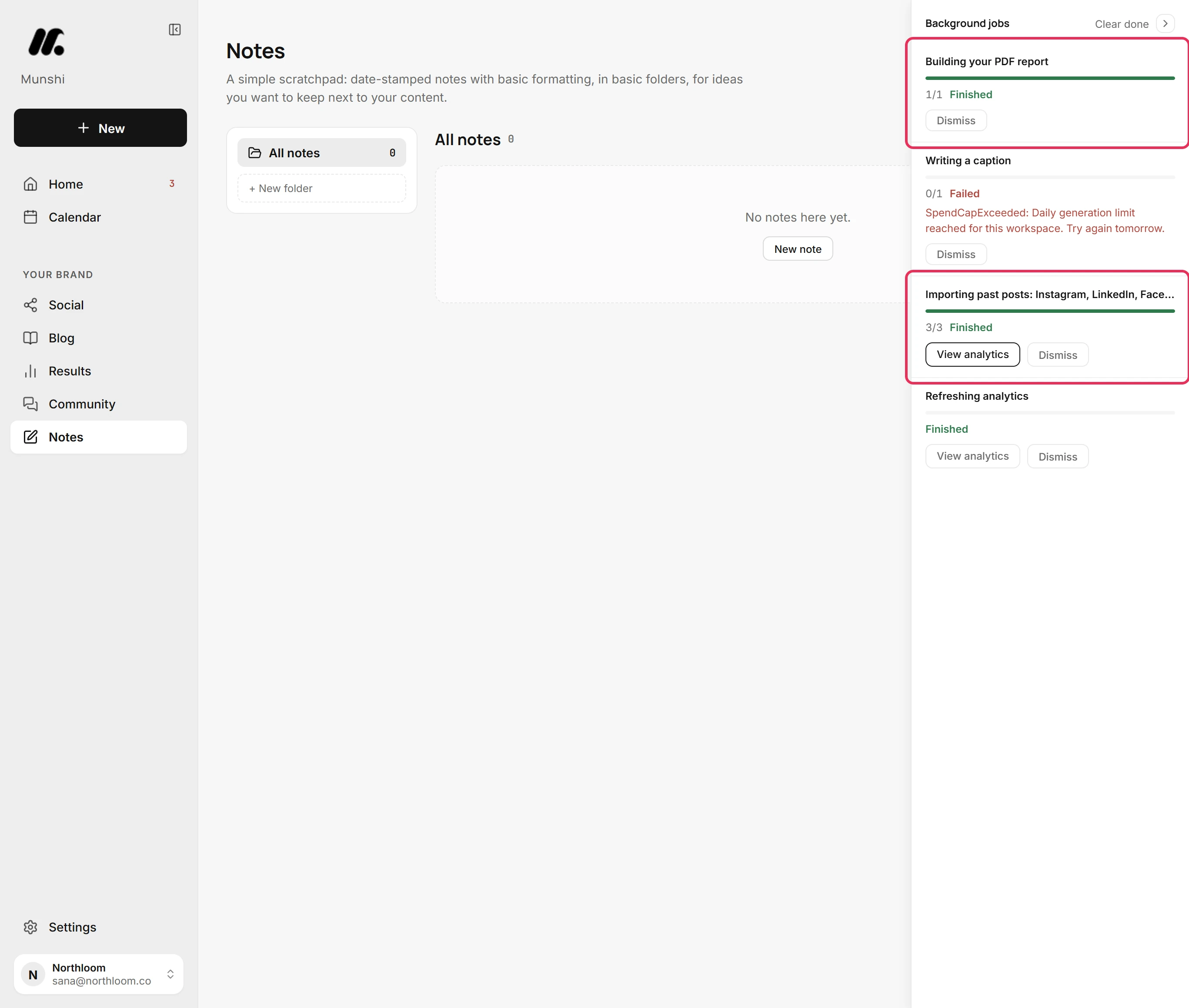 A finished PDF report job and a finished import job with View analytics, both outlined.