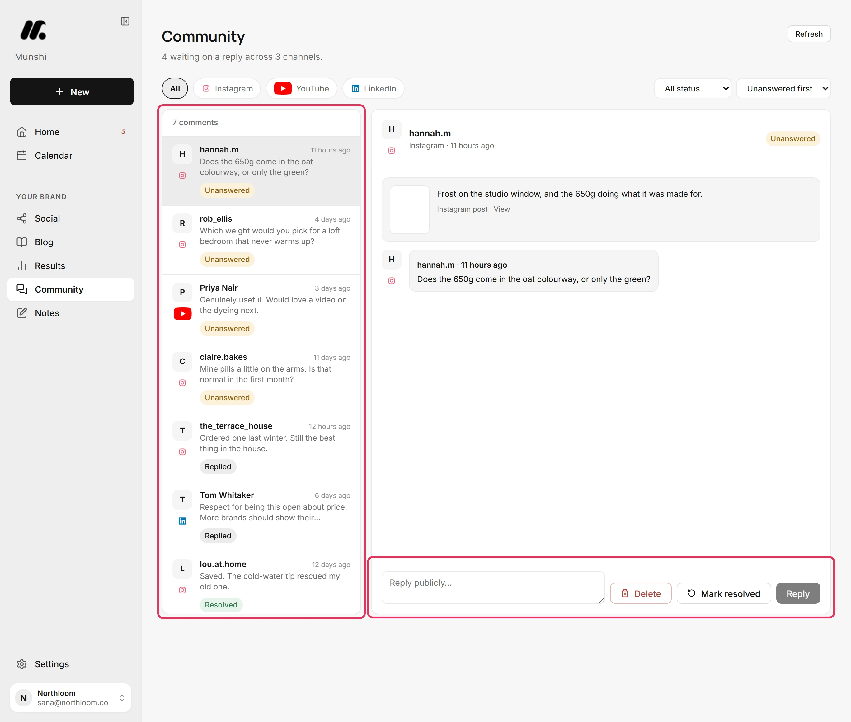 The Community page with the comment list and the reply box outlined.