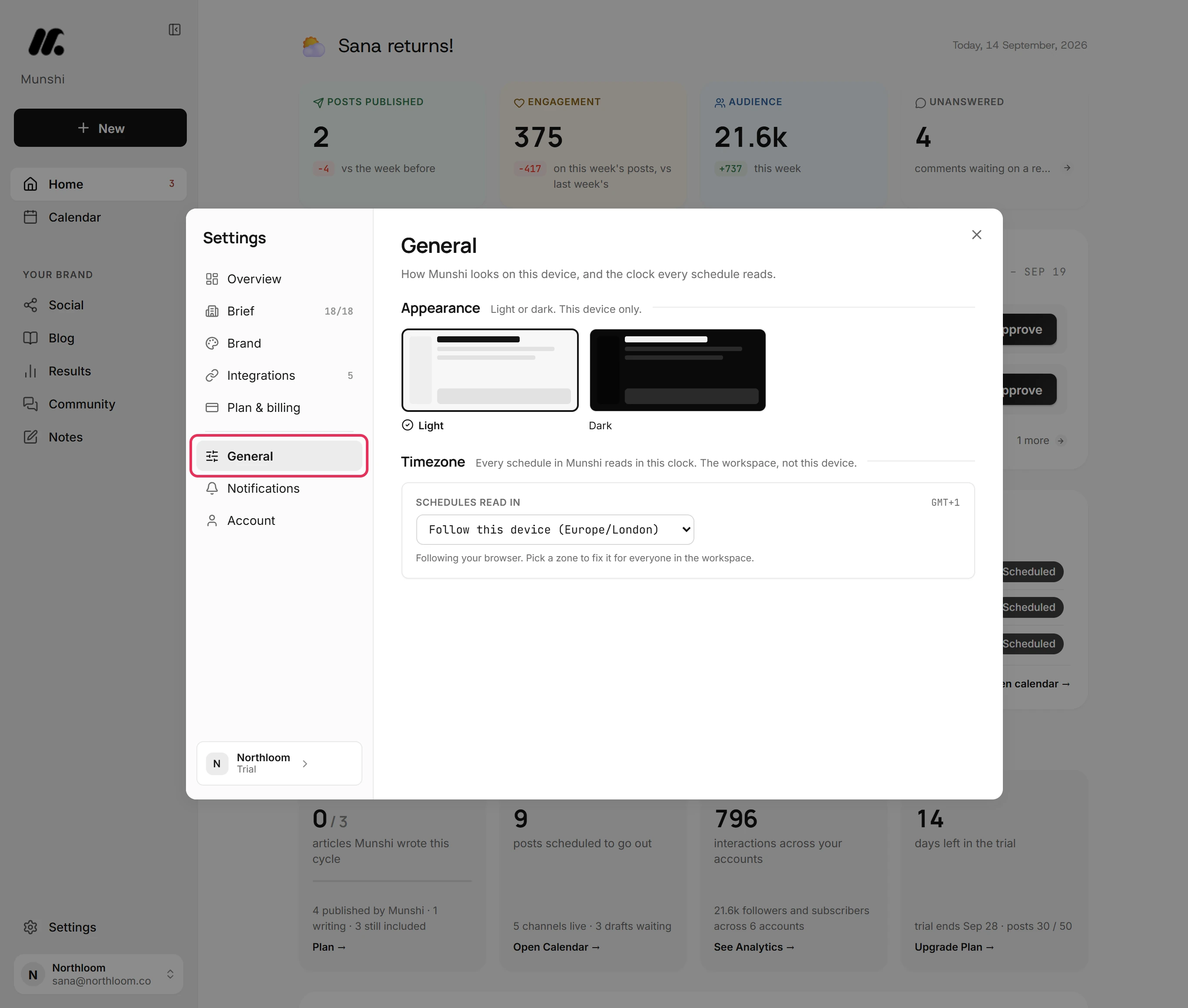 The Settings dialog open on General, with the General tab outlined and the Appearance and Timezone sections beside it.