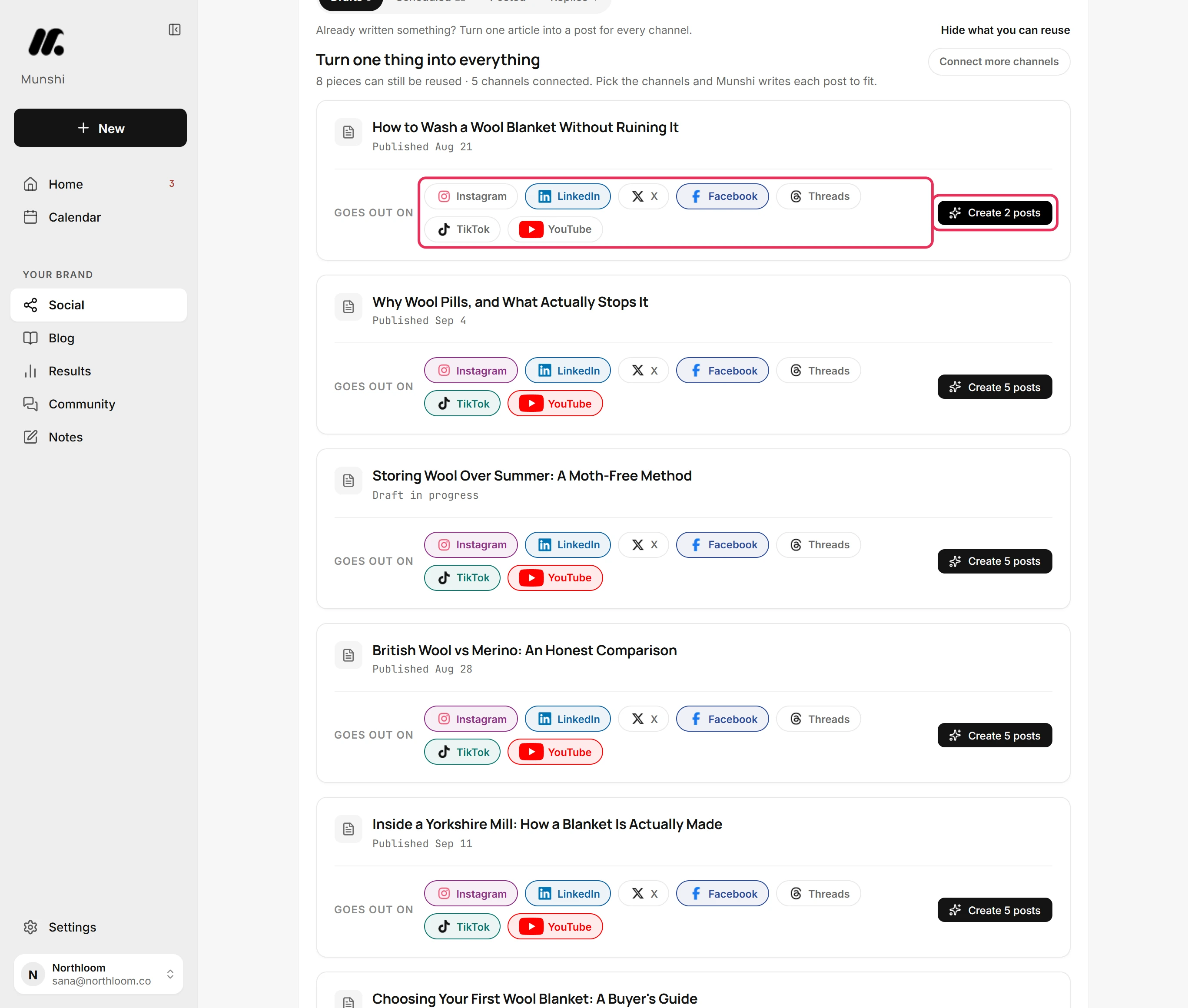 The article's card with LinkedIn and Facebook picked, Instagram, TikTok and YouTube not, and the Create 2 posts button, outlined in red.
