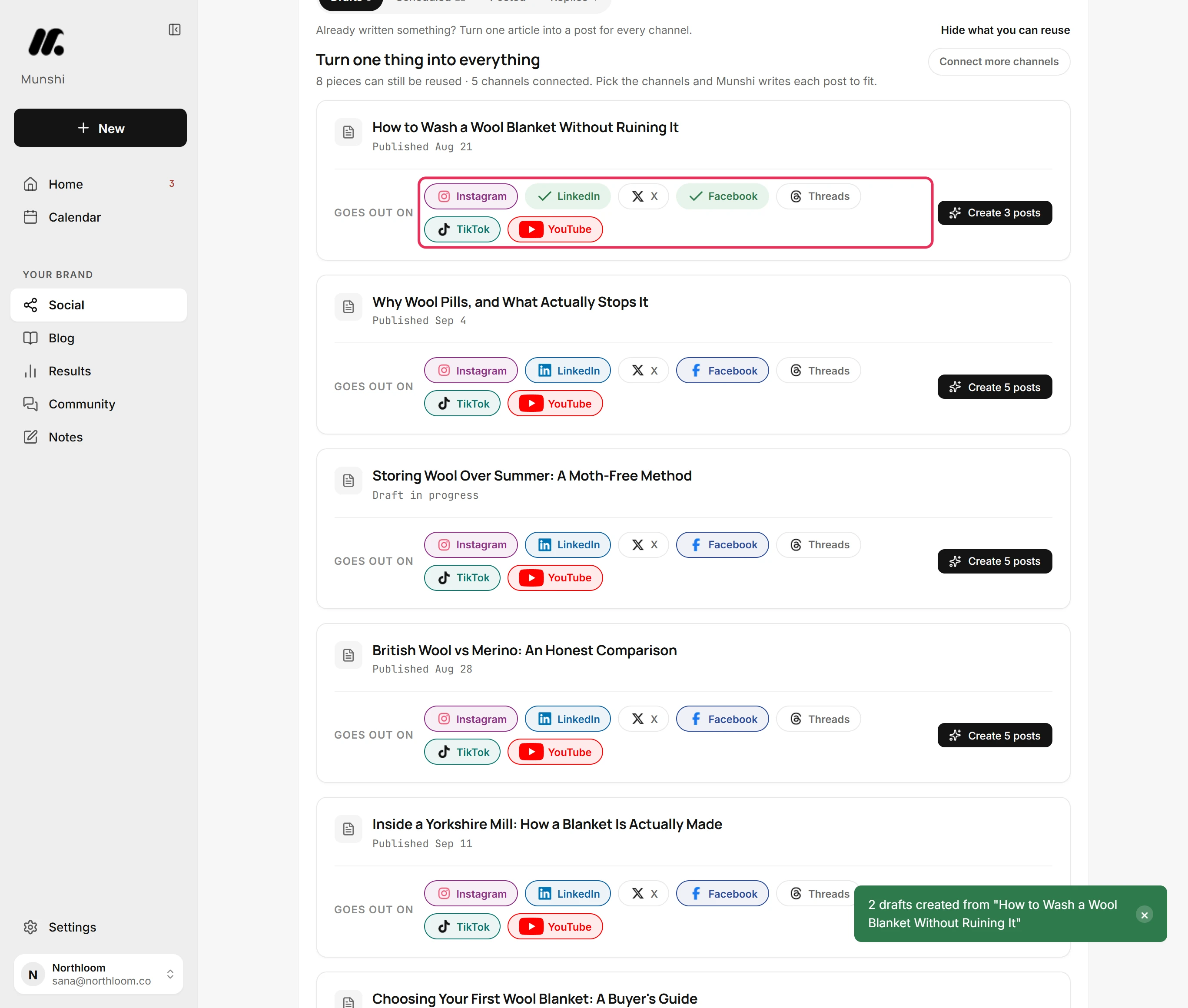 The article's card after the drafts were made, with ticks on LinkedIn and Facebook, outlined in red.