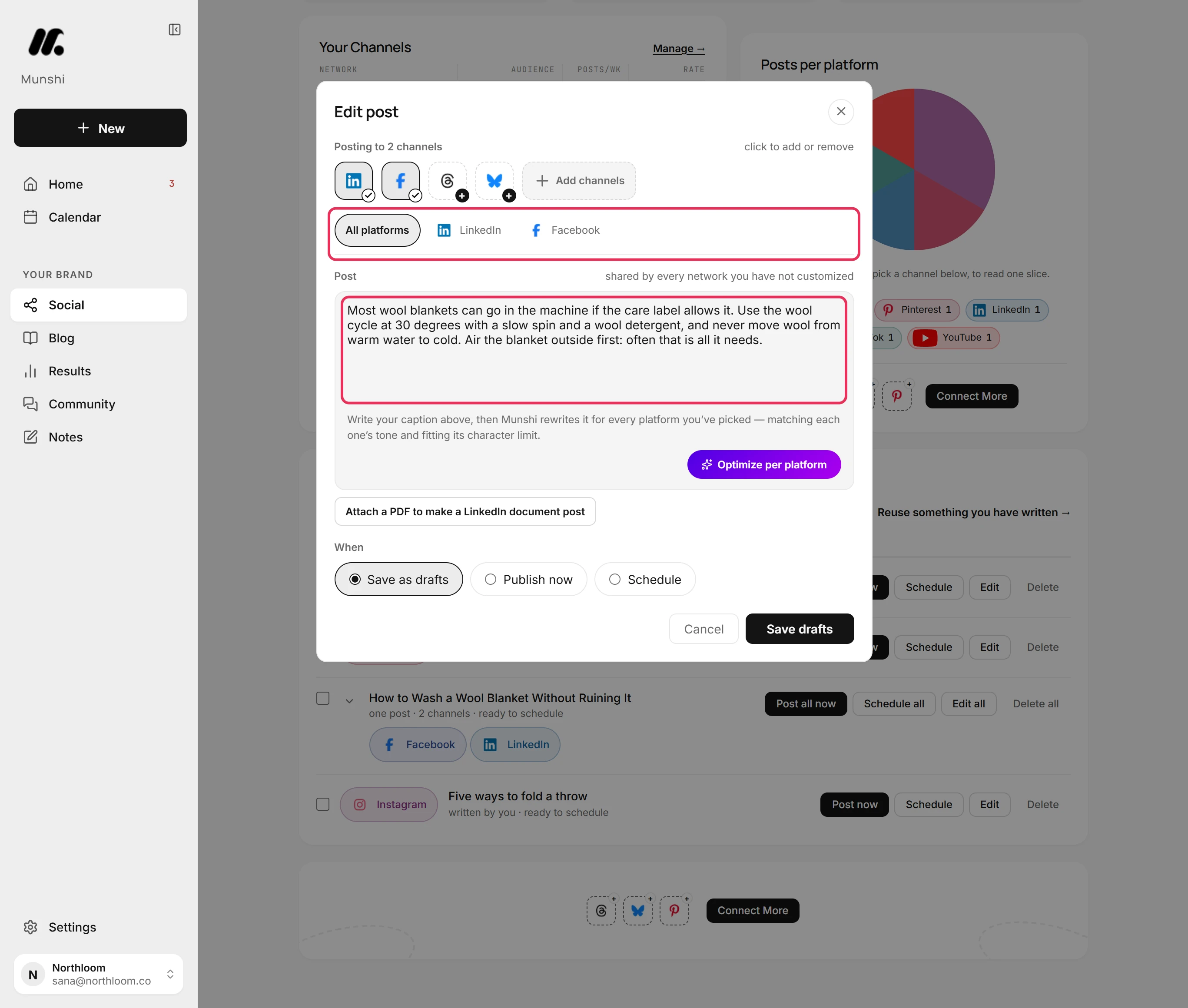 The Edit post composer with the LinkedIn and Facebook tabs and the answer capsule in the Post box, outlined in red.