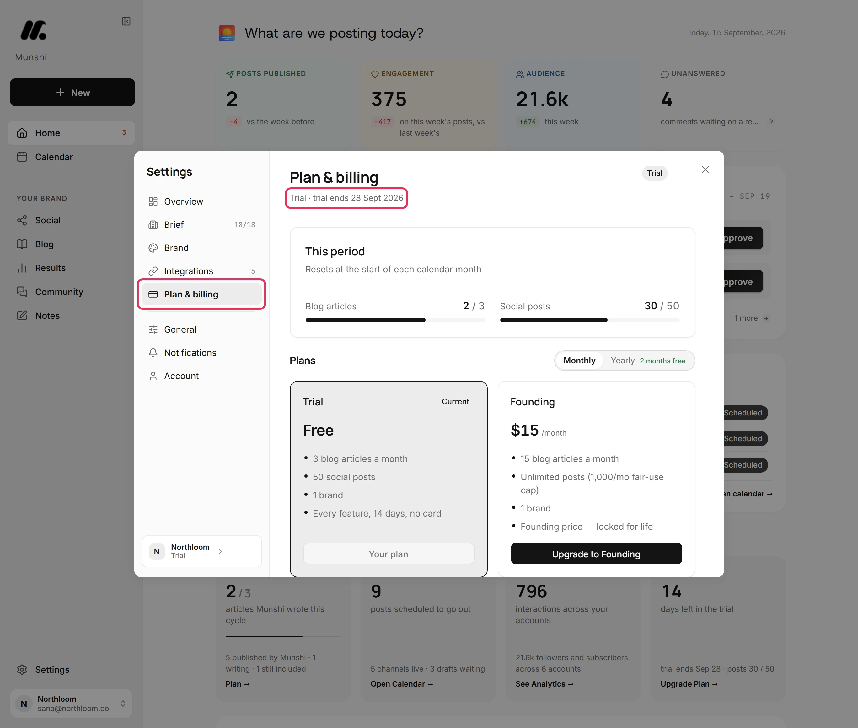Settings open on Plan and billing, with the Plan & billing tab and the line reading Trial and its end date outlined.