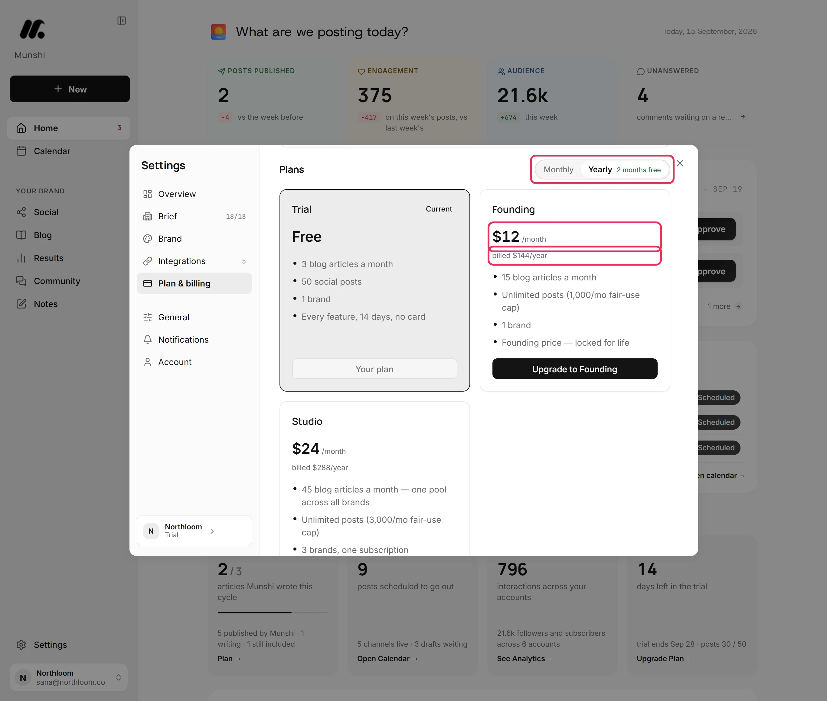 The switch set to Yearly, and the Founding card's monthly price with its yearly total under it, outlined.