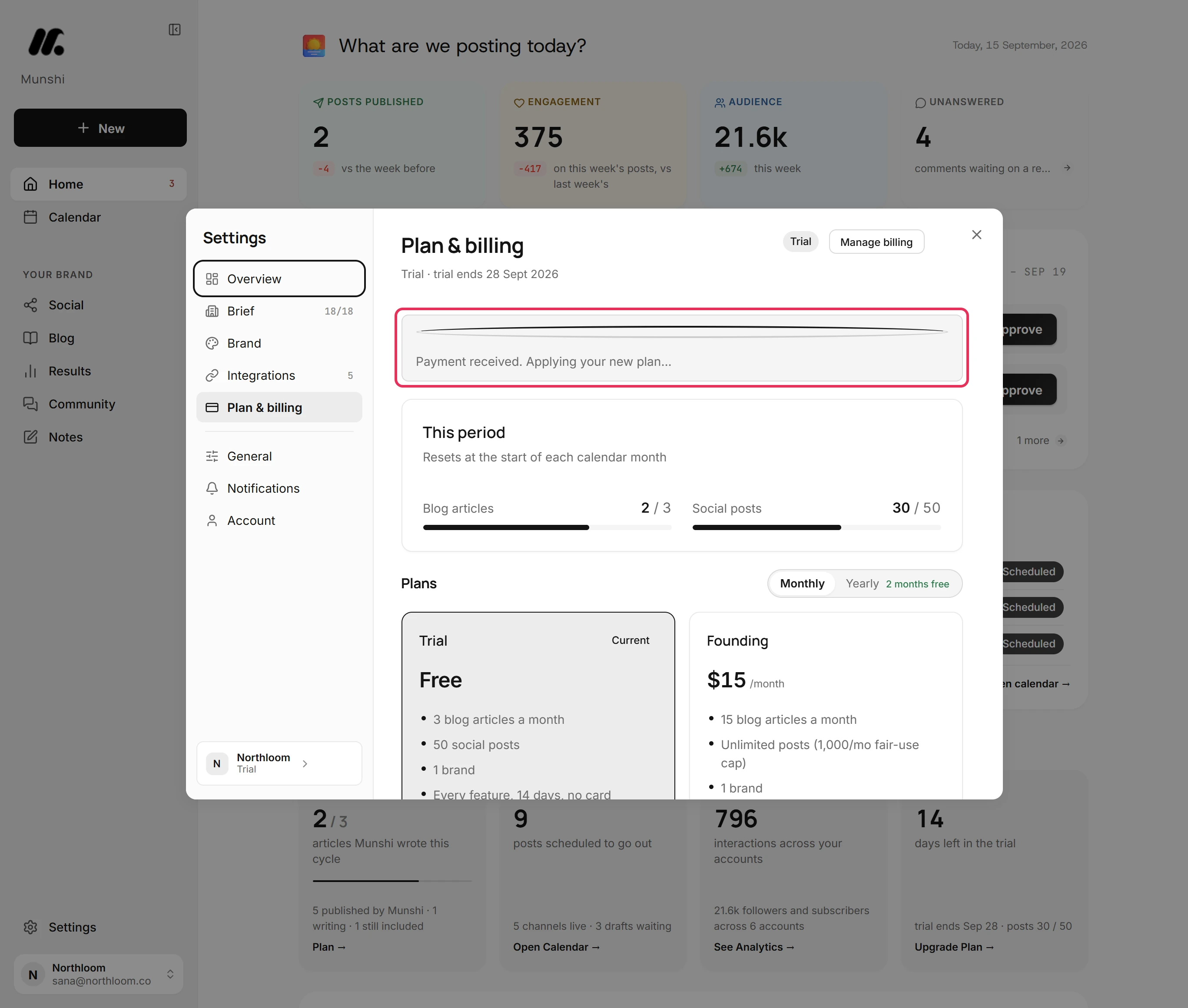 Plan and billing with the banner Payment received. Applying your new plan outlined.