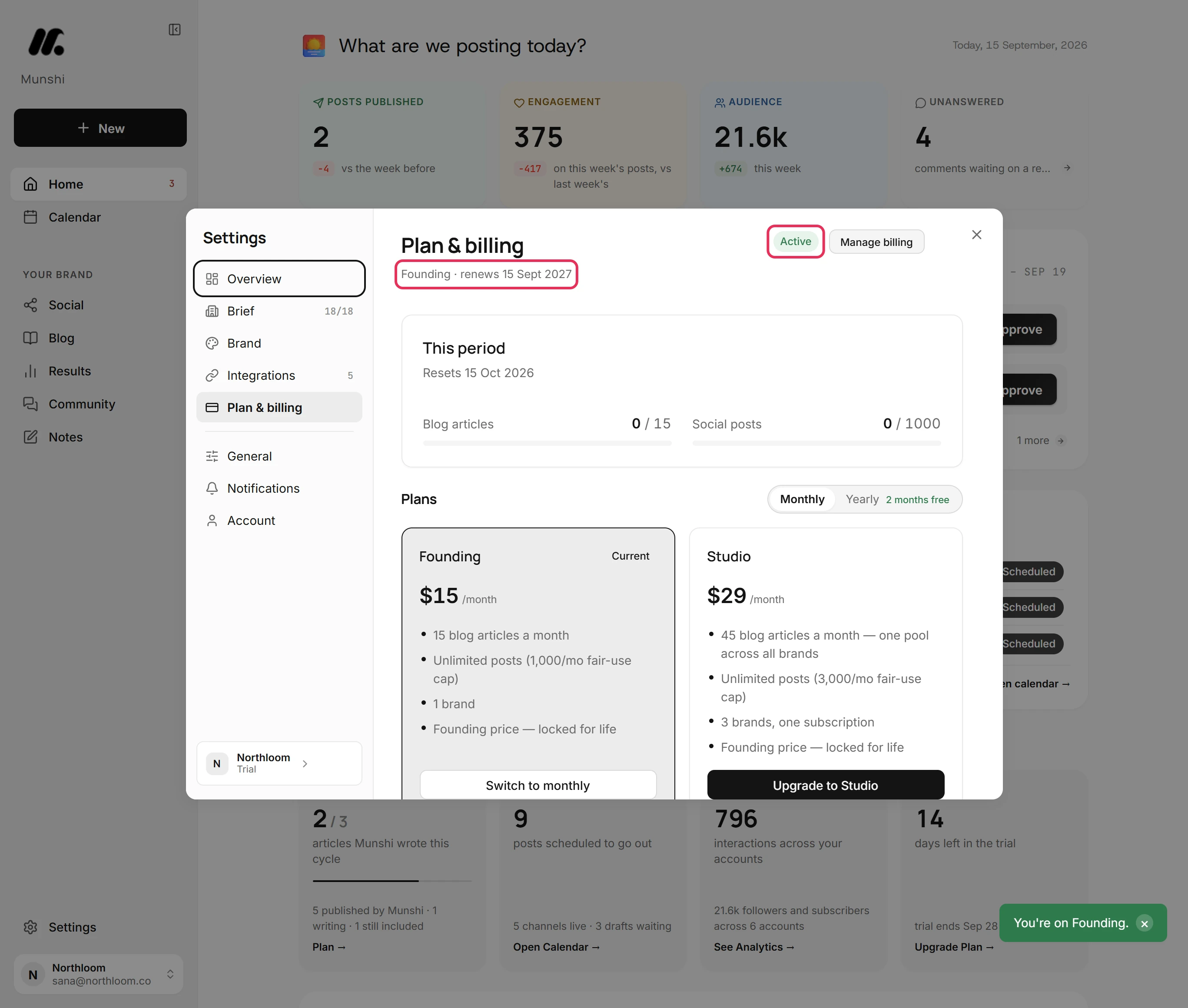 Plan and billing on Founding, with the Founding line, its renewal date and the Active badge outlined, and the message You're on Founding.