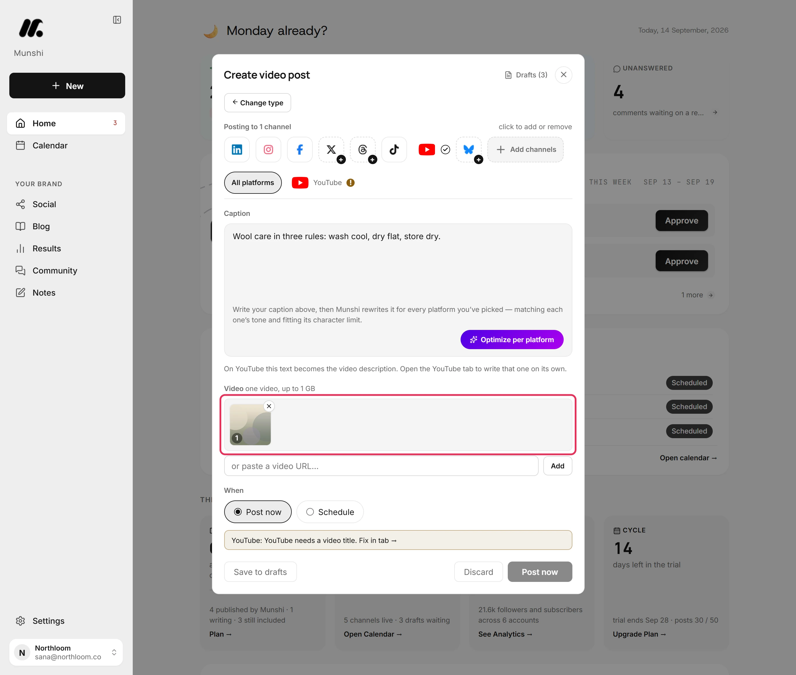The Video area of the composer with the uploaded clip shown as a thumbnail.